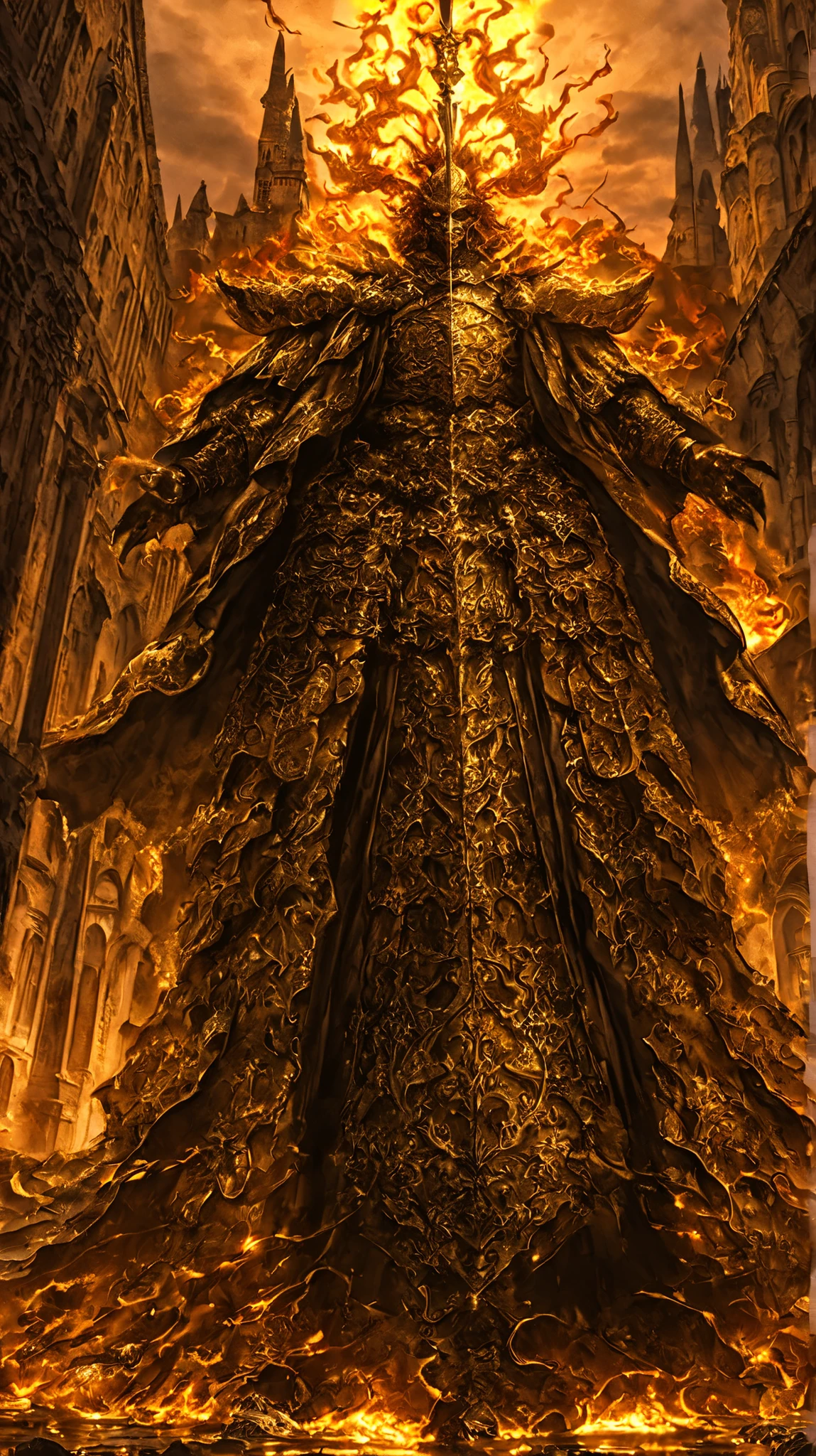 A majestic humanoid warrior with the head of a black dragon stands upon a cracked, gleaming stone platform in a dark, fantastical city. The character is clad in ornate black and gold armor with intricate mystical engravings. He wears a flowing royal robe and holds a golden double-bladed spear. His eyes glow with a fiery intensity, and swirling golden flames rise powerfully behind him, creating a divine aura. Medieval-style gothic towers rise in the background beneath a gloomy, twilight sky. The atmosphere is epic and powerful, with a dramatic play of light and shadow evoking a sense of mythical strength and dark elegance.