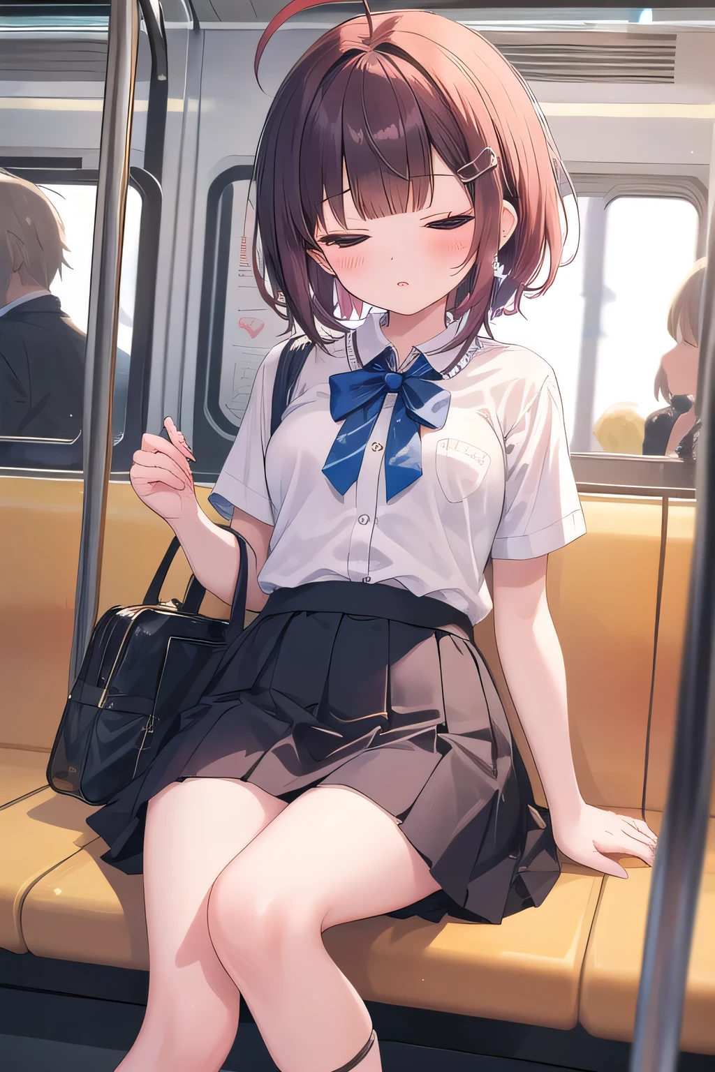 fullnude、Taking off your blouse、Sitting on a bench at an unpopular covered bus stop at night、A girl child、Carrying a pink school bag、Anxious and embarrassed face、A dark-haired、eye glass、Open legs、small tits、teats、Manstreak、Angle from below、Looking at the camera、not any dressed、Undressing、A girl is nearby、White wet panties