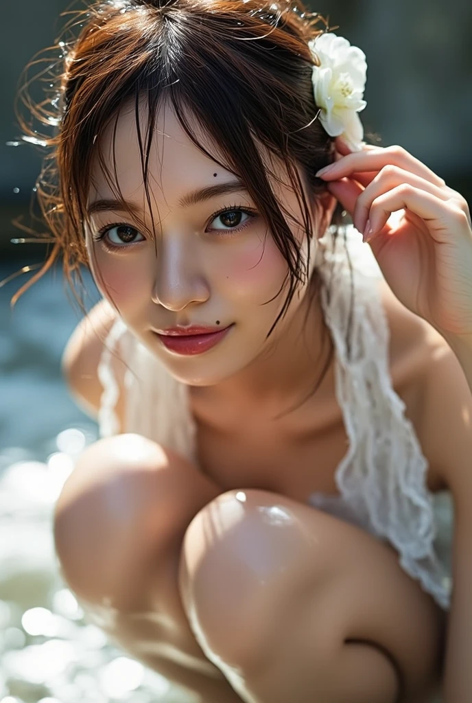 ((Highest quality、8K、masterpiece:1.3))、Beautiful girl、1 female、Big Tits:1.3、Slim figure:1.1、Toned Abs、A happy smile、Dark brown hair、(Pool、Wet body、Erotic:1.1)、Ultra detailed face、Detailed lips、Detailed eyes、double eyelid、Emerald left eye、Right eye is ruby、The left half of her hair is blonde、The right half of the hair is dyed red。disheveled bob hair、slightly muscular body,(((Completely naked))),(((nsfw)))