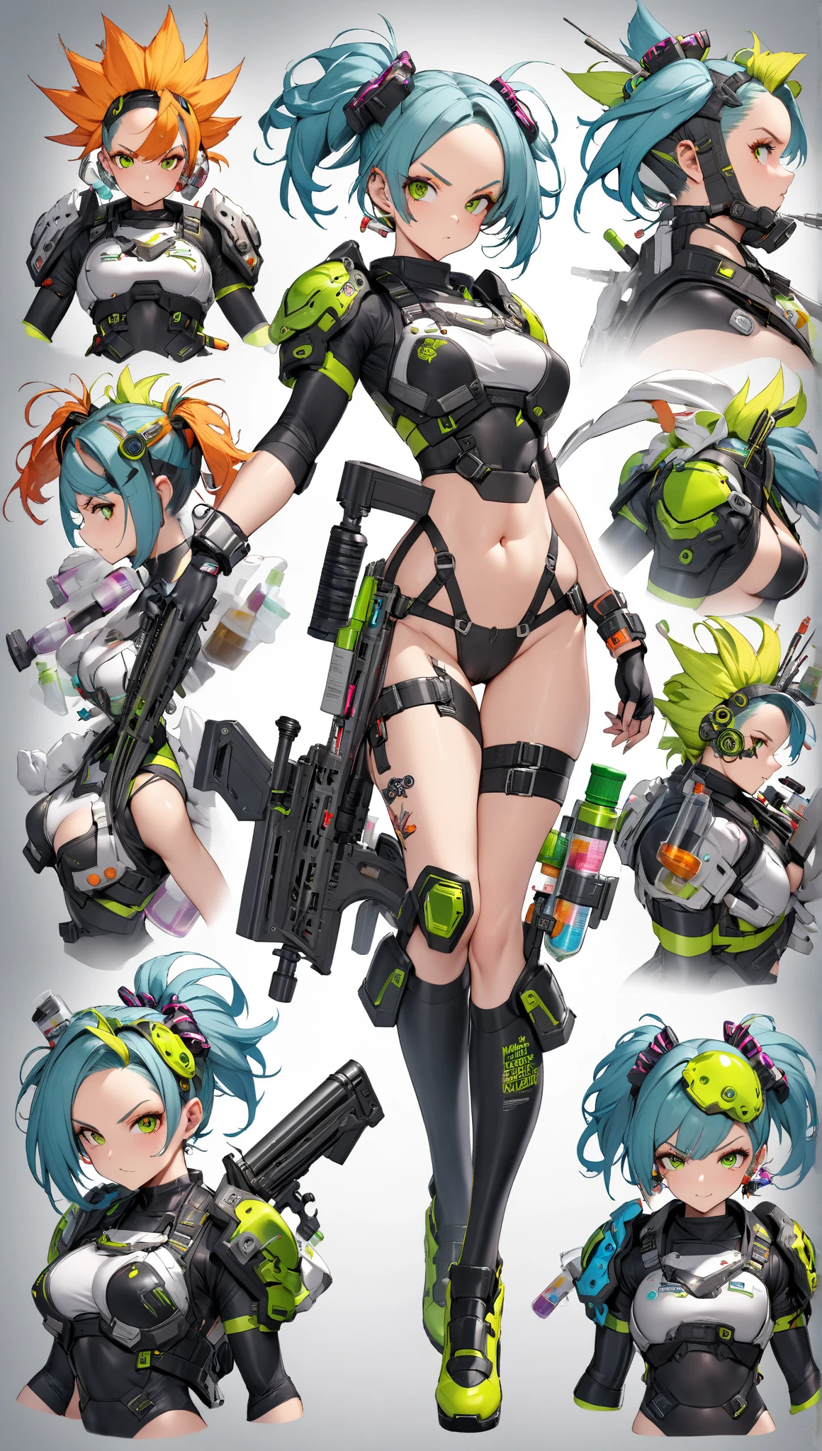 A cute woman (jet boots, jet pack, space adventurer bikini, laser pistol, future hairdo), is exploring an alien world covered in mushrooms and tiny goblin like creaures
