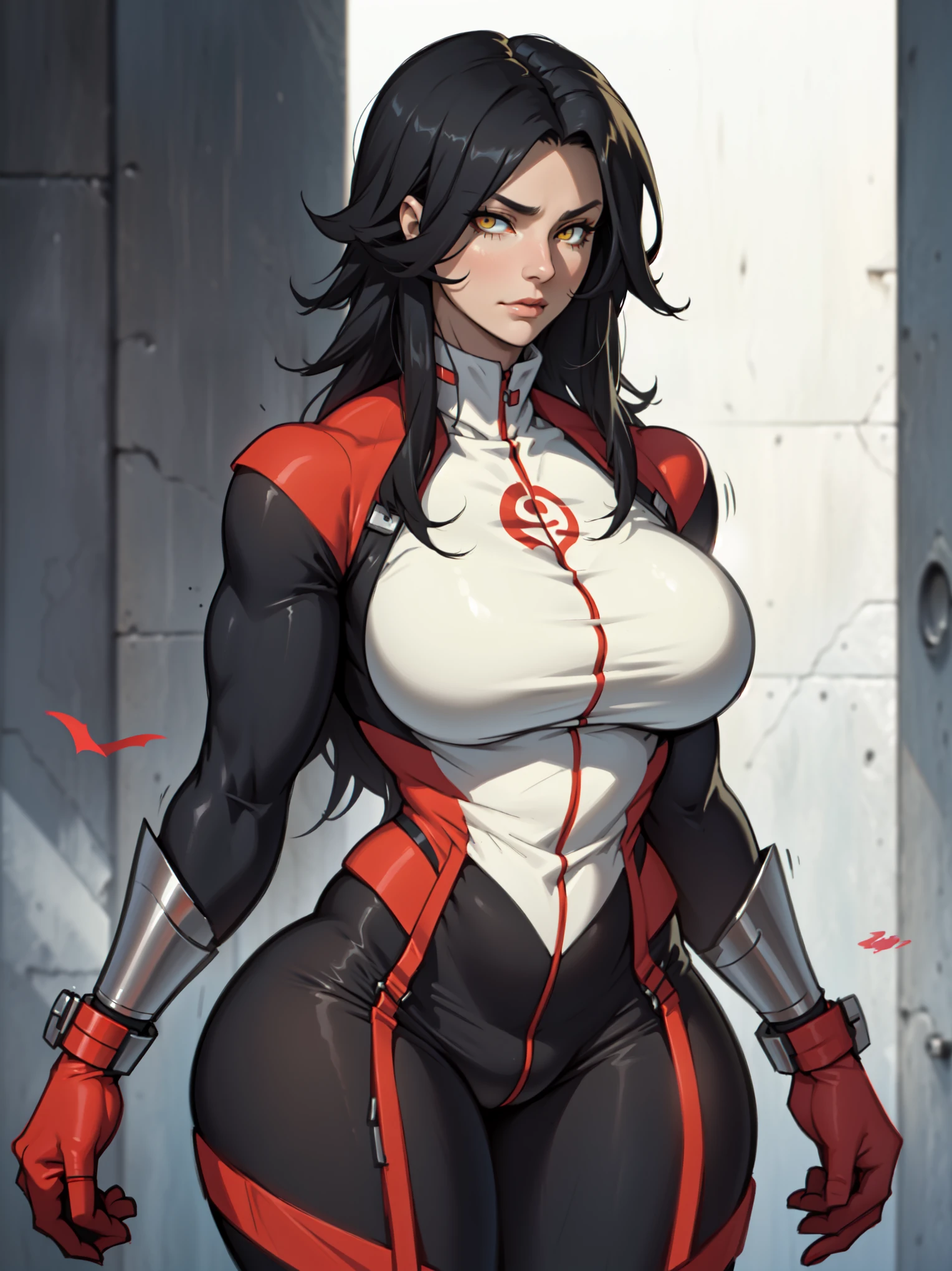 (((1girl))), black hair, extremely long hair, yellow eyes ((((((muscular)))))), (((huge breasts))), ((((thick thighs)))), solo, despair face, (pale skin), cowboy shot, (((full bodysuit)))