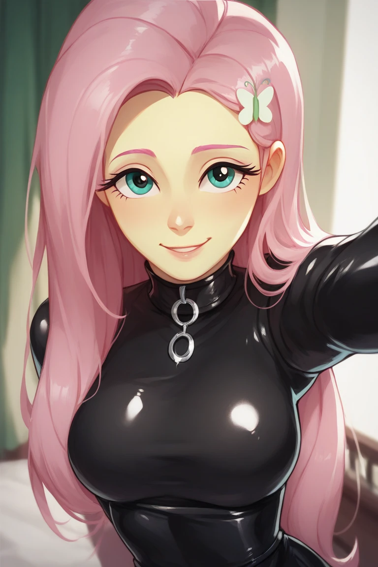 1 girl, 19 years old, Long pink hair, green eyes with slit pupils, big breasts, master-piece, best quality, proportional body, proportional, sexy black leather catsuit, zipped down, showing cleavage, red nails, Under the moon background, the stars are shining, outdoor, Upper body, The sky is beautiful, Make eye contact with the camera, front figure, looking forward, (light_Smile:1.5), (Detailed hands and fingers:1.2)