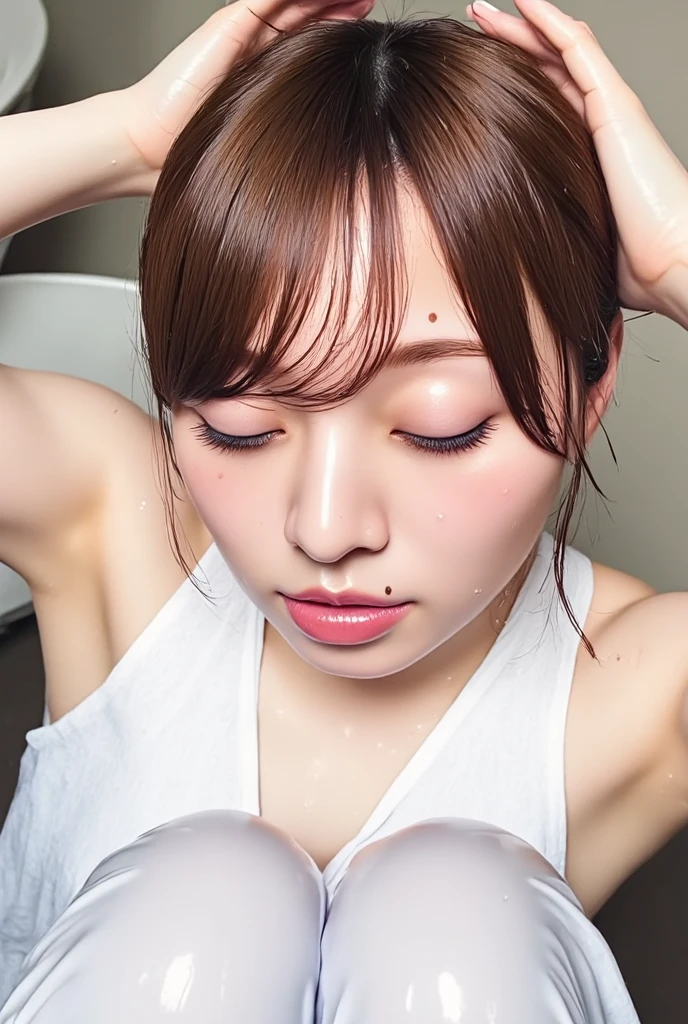 ​masterpiece、best qualtiy、(Dark photograph: 1.3)、Photorealsitic、1girl in、Photograph the whole body、flat bangs、Stunning innocent symmetrical face、The shirt、emotional、Orchan、(pureerosface_v1:0.7)、​masterpiece, top-quality, ultra-detailliert, beautiful mature women, see-through wet lingerie, Highly exposed, wetting hair, Wearing sweat, sweat stain, Transparent pubic hair, Wet kamatou, seducting smile, Thick lip, full pouty lips, Lewd eyes, red blush, looking at the viewers, cleavage of the breast, Curvaceous, Huge waist, Pose Seductive,Open your mouth and stick out the bottom、 Naughty face, crying how bright, show the grinps, plesure, Ahegao, out of tongue, crossed eyes、pubick hair、