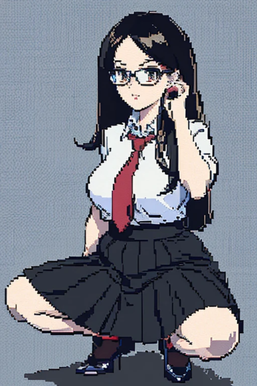 Pixel Art, pixelated, detailed pixel art, pixel art style, pixel art, 8bit, hot teacher, tied black hair, huge thighs, wearing prescription glasses, mini skirt, squatting, highest quality possible, 8k, school background, tied up hair