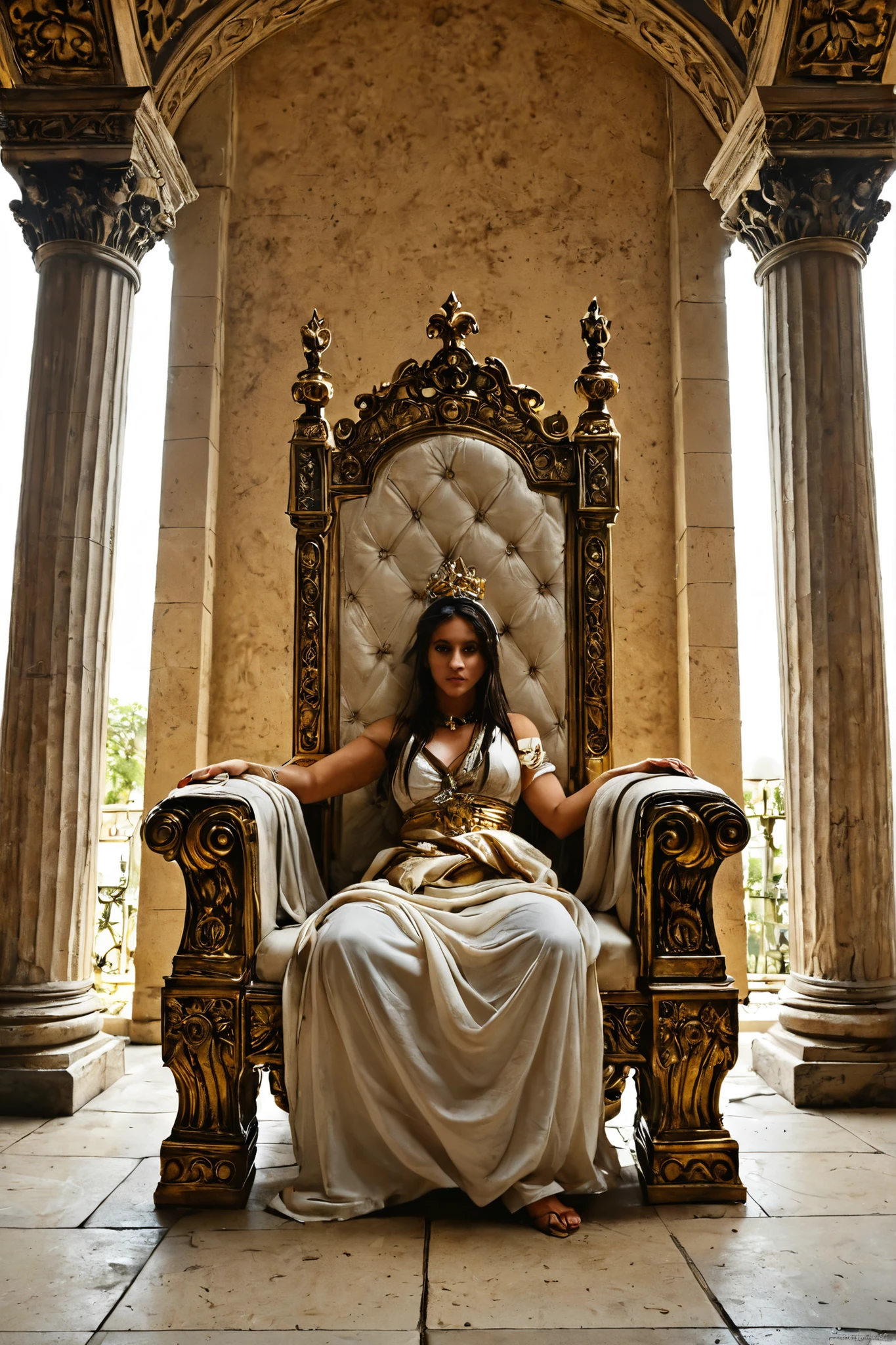 Golden and white throne, with white columns on each side, bottom up view 