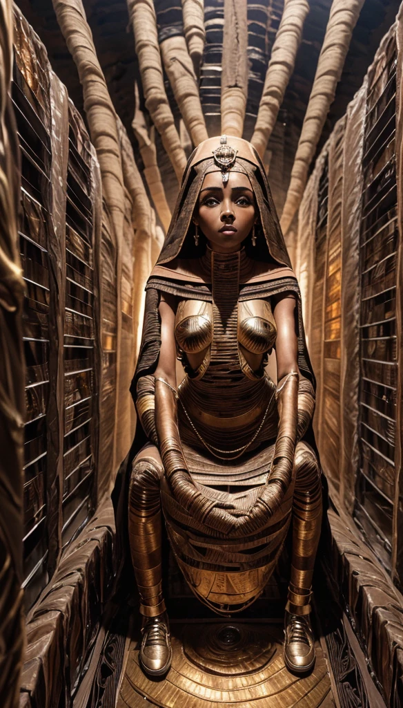 Fashion model, rihanna wears a short golden Egyptian transparent bathrobe, for the sphinx in Egypt.