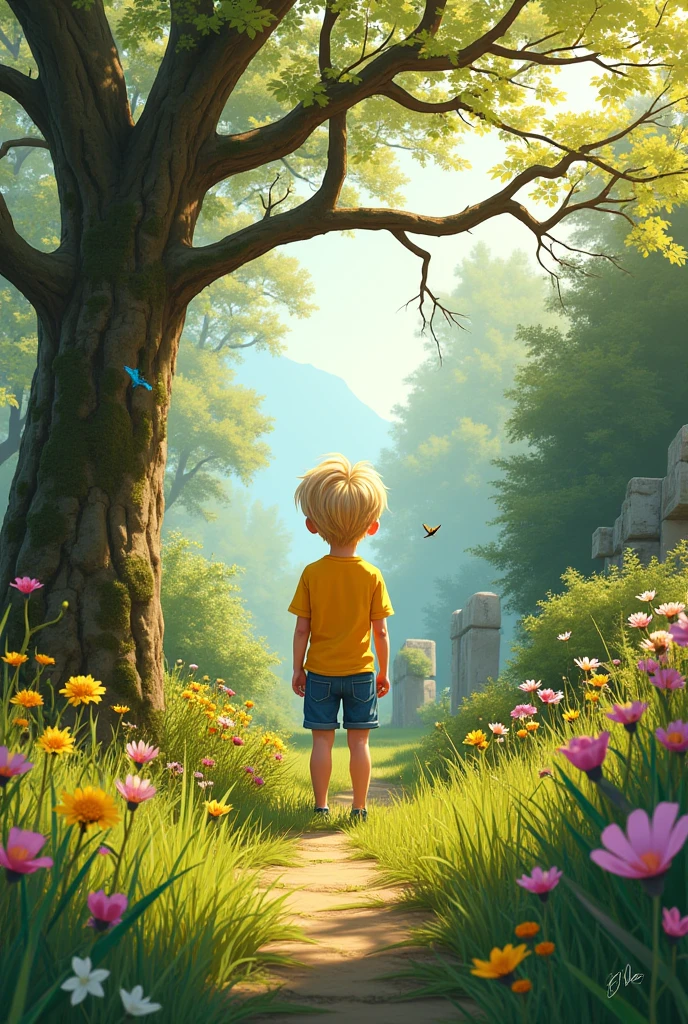 3d art, The back of ager boy with bright, a mop of unruly, sandy brown hair, stands at The channel between the bookshelves he finds the entrance of a hidden garden. He is wearing a crisp, school uniform with a white shirt and a black tie.
stands at the entrance of a hidden garde in the library. Sunlight filters through the trees, casting dappled shadows on the lush green foliage and vibrant flowers.