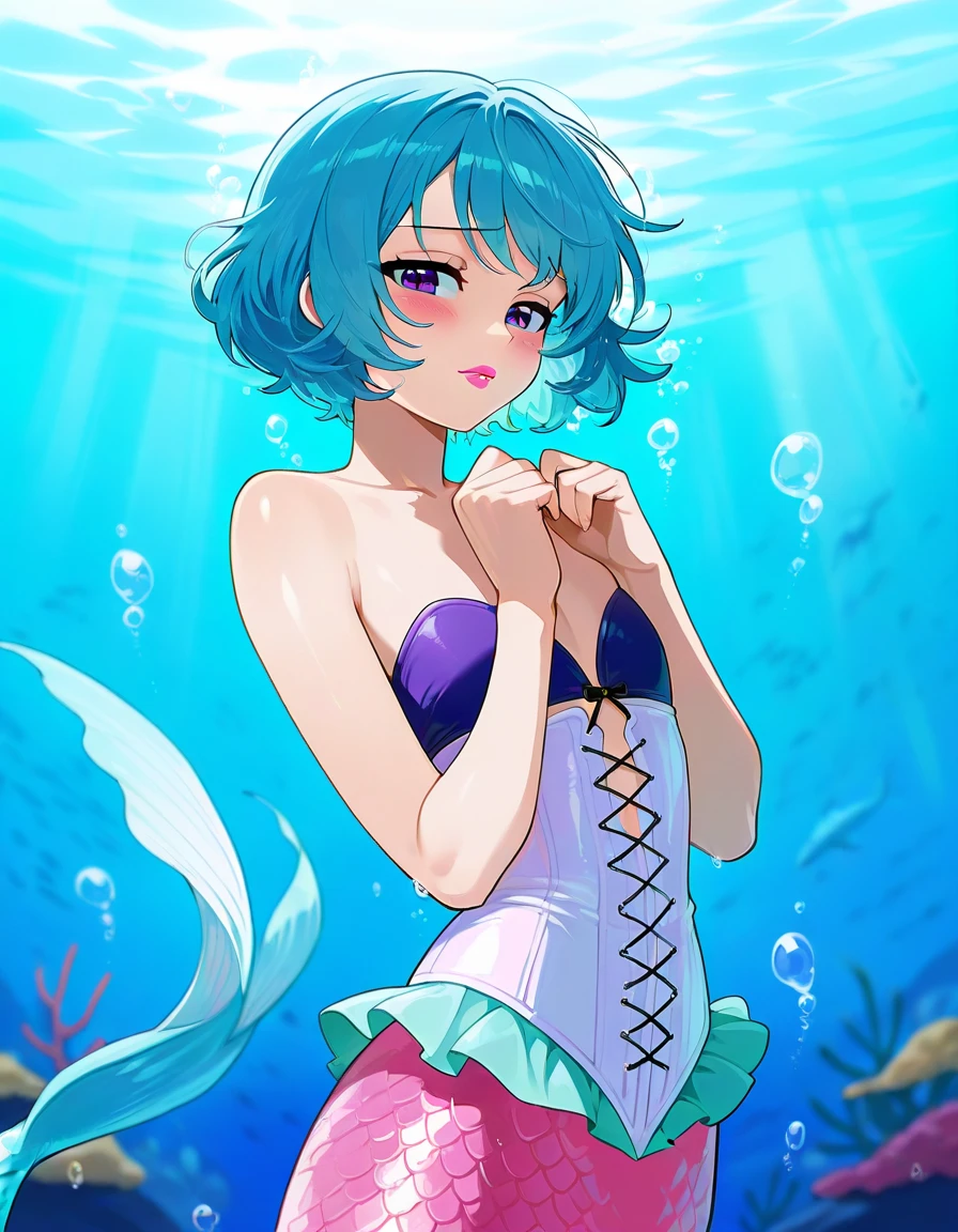 1 mermaid, twisted braid, full breasts, exposing side breasts