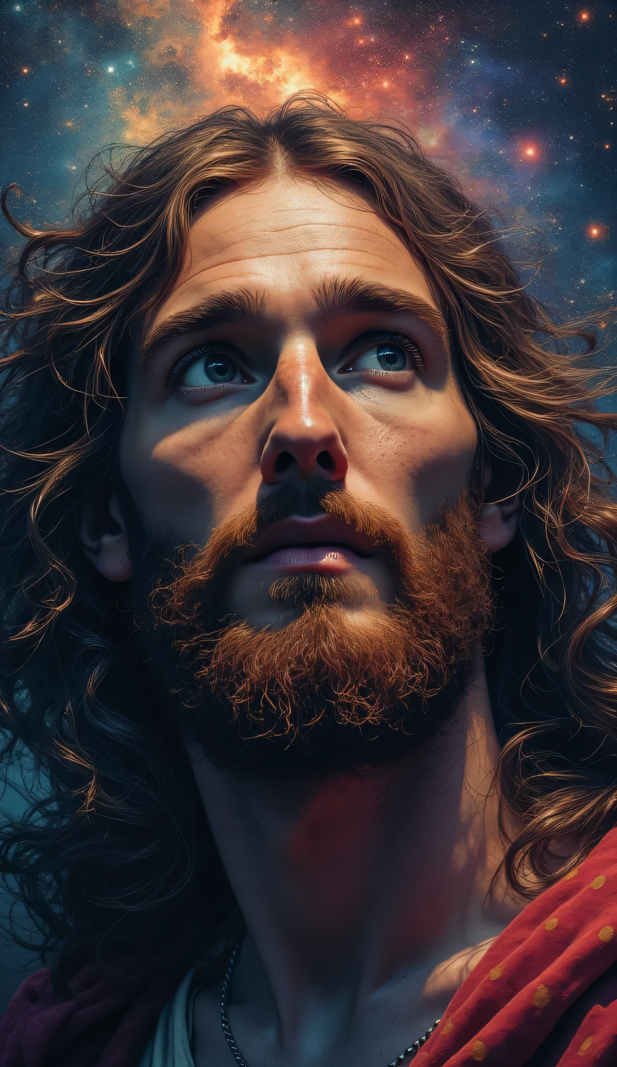 Create me images of the galaxy and the universe with the faces of Jesus Christ