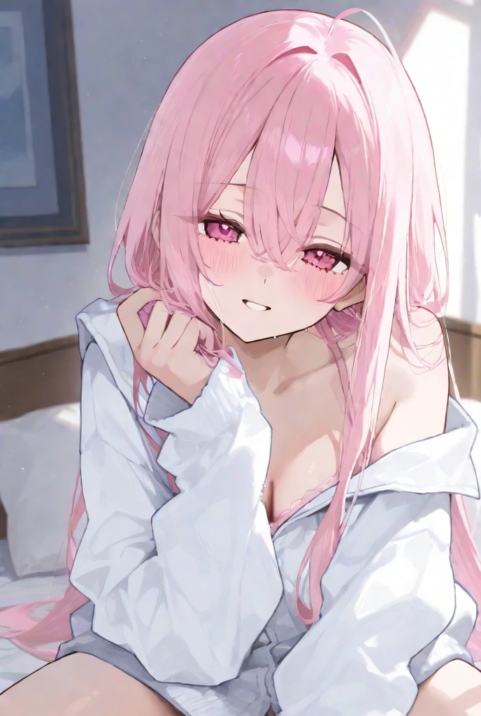 Long hair, blue eyes, Hair between the eyes, Pink Hair,High school uniform,Lying in bed,White Silk,Keep your legs together,Blushing shy,Long legs,Breast rest (masterpiece:1.2), best quality, high resolution, Unity 8K wallpaper, (illustration:0.8), (Beautiful and delicate eyes:1.6), Extremely detailed face, Perfect lighting, Extremely detailed CG, (Perfect hands, Perfect anatomical structure),