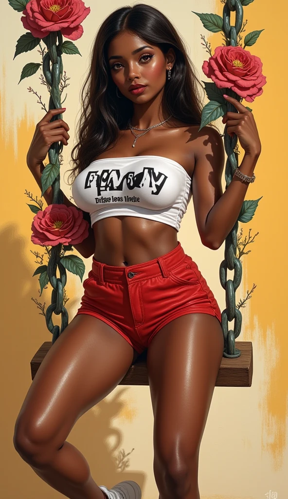 Detailed proportions and textures with multi-colored spray paint and airbrushing to smooth out the semi-realistic illustration a young girl with brown skin, wearing a crop top and shorts, where red and white tones predominate, in stark contrast to the bright colors of the character and the warm matte colors of the background (highly detailed full body and Kawaii pose, perfect face, innocent look (with eyes emerald shines), thick thighs, round and huge breasts, wide hips, slim and high waist, flat stomach) The character has long, curly, black hair and large, expressive eyes. She wears a white, strapless, sleeveless crop top with a black print (of the playboy logo) and tight, red, fabric shorts reminiscent of a classic gym suit. She also wears white sneakers. The overall style is elegant and refined. The background is a Playboy-Style magazine cover with a bold headline that says "Playboy." with a swing made of chains adorned with flowers of all shapes and sizes, the figure sitting, swinging with her hands clutching the flower-studded chains. an elongated shadow is projected onto the floor and the wall. The illustration is detailed and focuses on the character's fashion and design. saturation in the very defined color palettes (color with monochrome shading and bright shades of red 25 % + yellow 25 % + blue 25% + biofluorescent 12.5% + transparencies 12.5%). aesthetic fusion by (fibonacci ratio. a poupée realistic of a young Tyra Bangs. A young girl Africa has pink skin with beige-brows tones that give her contrast and brightness type of character. fluid texture of thin, thin fabric that molds to your figure (her clothes with relief and folds give volume and depth to the character) style. Haute couture photo shoot (with a pose that gives the sensation of movement and energy with sexi style). soft focus, highly detailed and sharp, Approaching perfection, full hd 8k, High and low angles. of Milo Manara, Gianni Versace, coco chanel, Alberto Vargas, Greg Rutkowsk art style