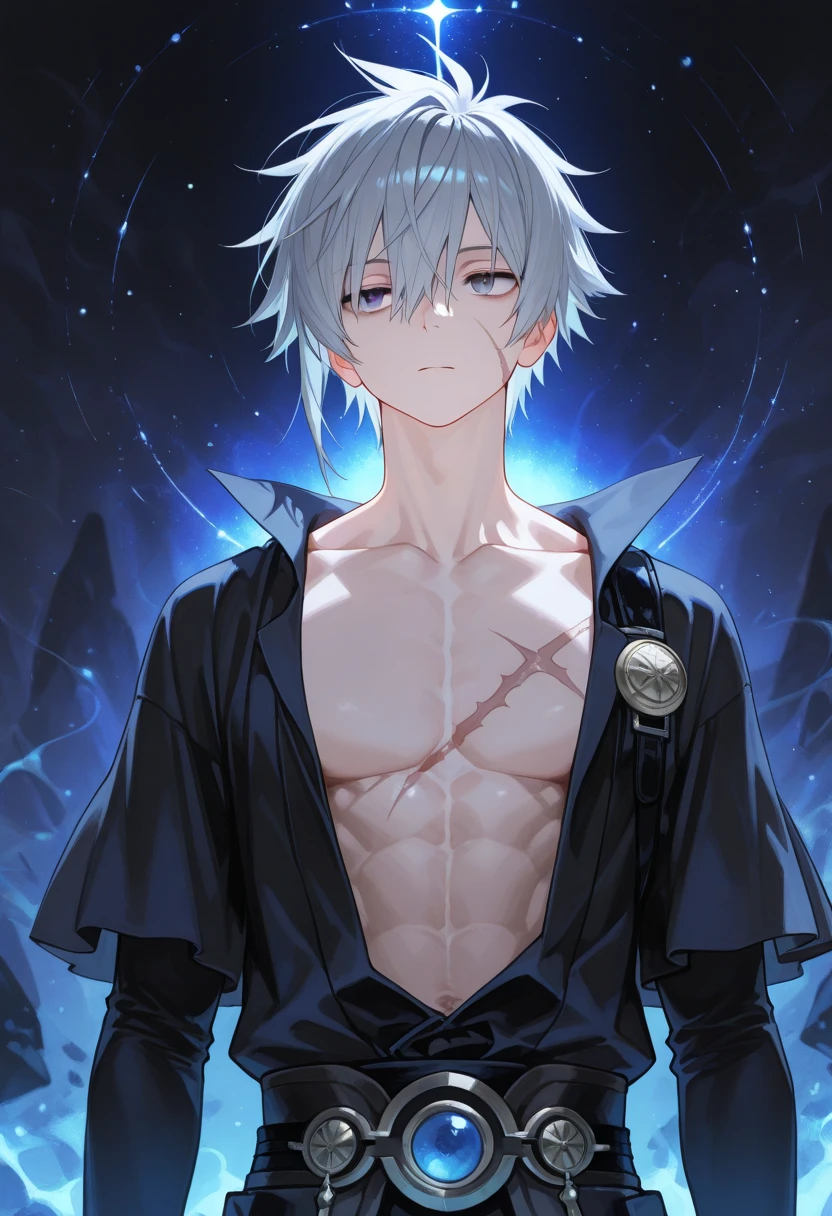 young boy, Gray tousled hair, violet eyes, cat ears, Lots of scars, Lots of lightning strikes, open torso, Body straps, Sleeveless, white kimono, Masterpiece, hiquality, high detail, HD, 4k