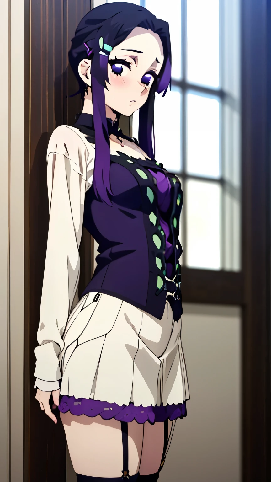 (masterpiece, best quality, high resolution, 8k:1.2), (anime coloring:1.2), 1girl, high resolution, unity 8k wallpaper, (beautiful detailed eyes:1.2), extremely detailed face, perfect lighting, extremely detailed CG, beautiful eyes, perfect eyes, detailed eyes, distinctive big highlights, symmetrical eyes, Purple Hair, Short Hair, (large butterfly hair clip), Pretty Parted bangs, purple eyes, narrow eyes, (slime), (small medium breasts:1.2),
nffsw, (embarrassed expression, blushing), (dynamic sexy pose), (gothic clothing, long sleeve, over the knee socks, women's mary jane shoes), (from front:1.3), (cowboy shot:1.2),looking at the viewer,