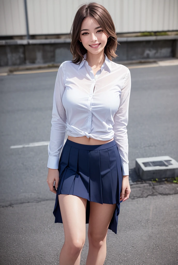 18Year old girl、Uniform skirt fluttering in the wind、beauty legs、cloud、((thighs thighs thighs thighs))、large full breasts、A smile、whiteshirt、Wide open chest、(s ass)、Shorthair、