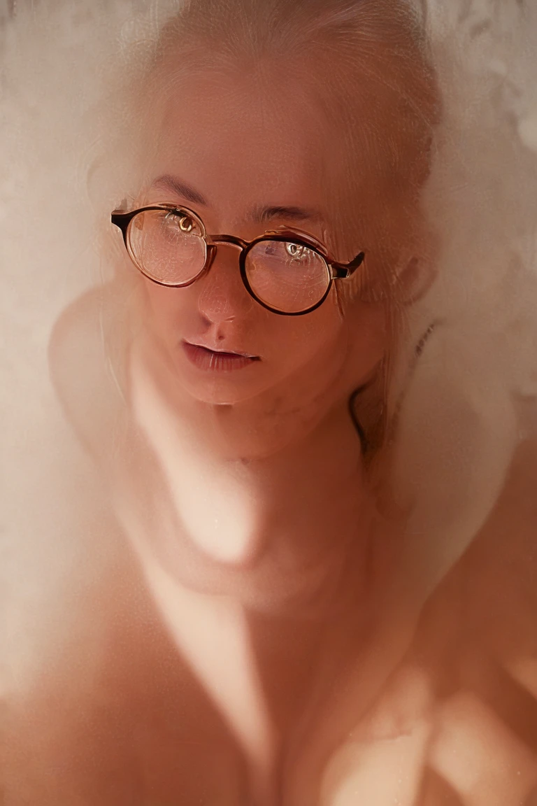 absurdres, RAW photo, highest quality, (masterpiece: 1.3), high detail RAW color photo, professional photo, extremely detailed CG 8k wallpaper unit, photo-realistic, realistic, RAW photo, masterpiece, best quality, highres, illustration,
1girl, 19 YEARS old, tall, random hairstyle, blonde hair with bangs, medium length, thin legs, beautiful face perfect realistic, beautiful blue eyes detailed, fair skin, texture of detailed skin, very small breasts, small butt, beautiful body, smile, blue prescription glasses. Elegant. Getting out of the bath, showing her ass.
(simple design), young man's room.