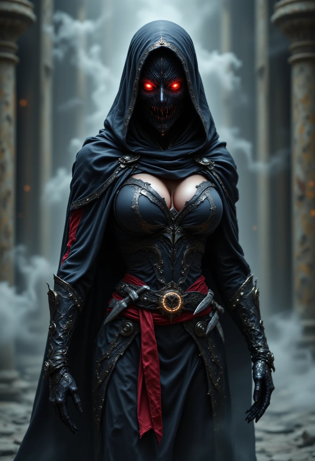 concept art breathtaking Artistic female in skull mask , solo., under creepy evil fog. In a City burial background, surreal detail. Artistic dark color effect. Detailed. Centered.