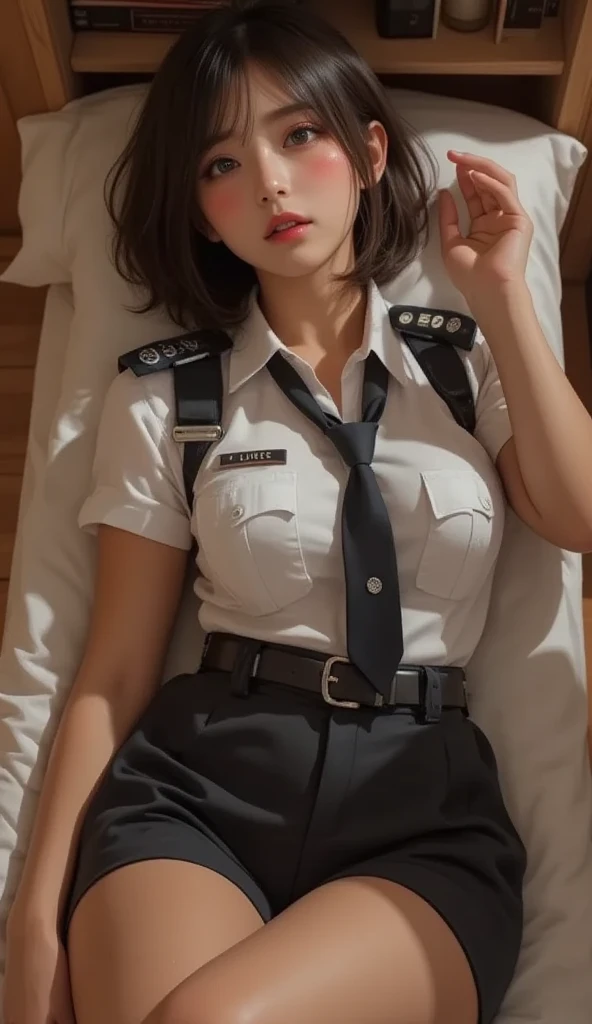 ((NSFW:1.7、realisitic))、1girl in, (Light brown medium hair), ((Female Student Uniforms)), Look at viewers, Young Face、Naughty look, (( Opening legs、Open your legs、Crotch main、After Cum Inside)),Large breasts,Putting out the chest、a bed