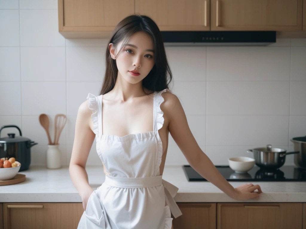 table top, highest quality, High resolution, , perfect pixel, 4K, , 1 girl, single, alone, Beautiful woman、I could see the whole body、Middle wavy hair, bangs, brown hair), brown eyes, beautiful eyelashes, realistic eyes, detailed face, blush:1.2, smooth texture:0.75, realistic texture:0.65, realistic:1.1, Anime CG style)), big breasts、soft chest、dynamic angle, perfect body, ((maid's costume、maid headband、Ruffled apron、no skirt、stockings、wearing an apron without a bra))、kitchen、、、()、Very embarrassing panic smile、((look back、stick out your butt、、))、