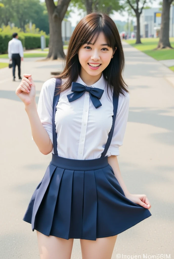 ((masterpiece)), japanese, (a girl), (), smiling, on grass, hair bun, collared shirt, skirt, bow tie, tits, (thighs), blue sky,