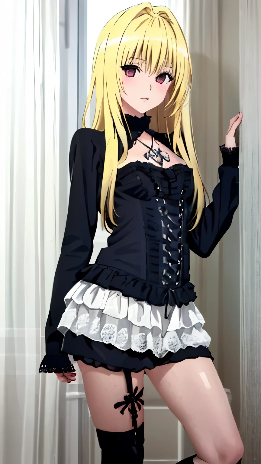 (Top quality, masterpiece, 8k:1.2), (anime coloring:1.3), (pixel-perfect, detail-perfect), very detailed, perfect hair style, beautiful eyes, perfect eyes, detailed eyes, perfect eyebrows, perfect face, detailed face, perfect hairstyle, ultra-detailed, detailed eyes, symmetrical eyes, sharp detailed, konjiki no yami, red black eyes, (blonde long hair:1.3), (mature face:1.0), slim, slim body, (small breast:1.2), nffsw, (gothic clothing, long sleeve, over the knee socks, women's mary jane shoes), (from front:1.3), (cowboy shot:1.2),looking at the viewer,