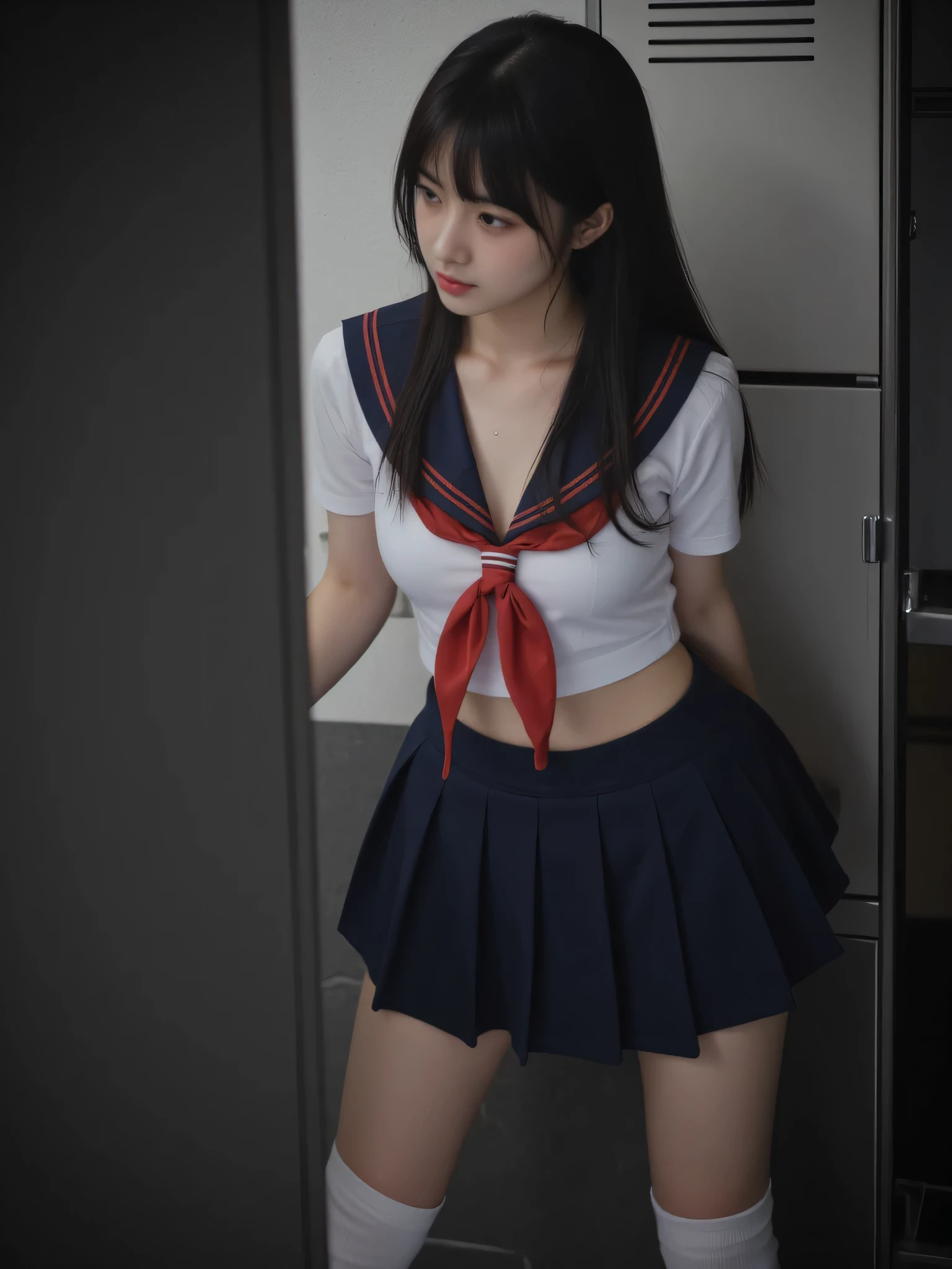japanese cute idol, Japanese cute girl, kawaii, a beautiful young girl dressed up as a sailor girl, 1girl, solo, school uniform, serafuku, skirt, black hair, long hair, socks, masterpiece, best quality, hyper detailed, insanely detailed, 16k, absurdres, japanese,cute, kawaii, photorealistic, Realism, raw photo, real person, nsfw nipples , ((dark lighting room:1.5 )) , ((japanese moden school locker room:1.5 )) , (white panties) , Change of clothes , peak , nsfw , hidden camera , spycam , voyeur , changing room , dressing room , fitting room , Peephole , Undressing , From below/ low angle