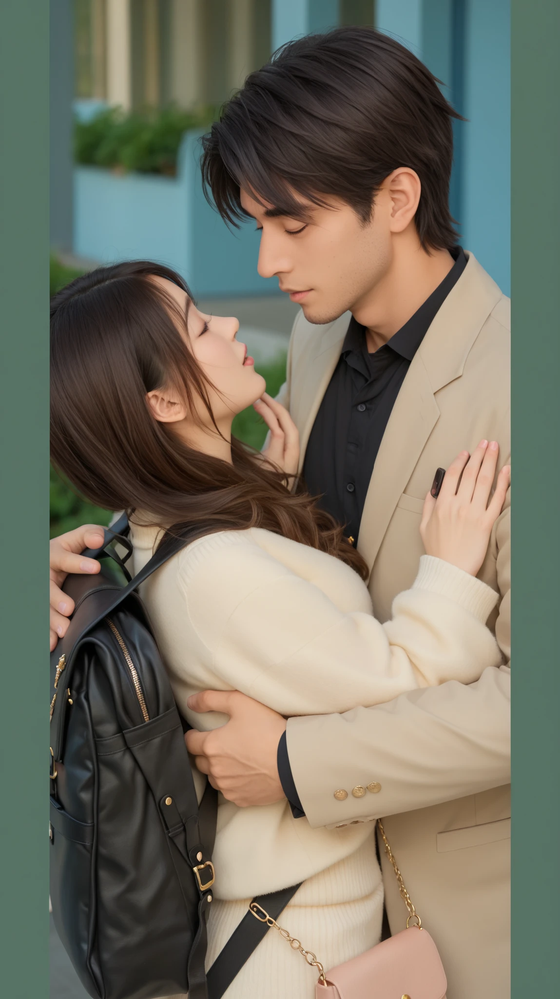 A young couple, Asian, mid-20s, are close together, embracing. The woman, with long brown hair, wears a cream-colored, fluffy, knit sweater and possibly light-pink colored pants. The man has short, dark hair and wears a light beige blazer over a button-down black shirt. Their faces are close, with expressions of affection. The man is slightly taller than the woman and embraces her from the waist upward. She is positioned slightly left of center, looking directly at the man. He is positioned slightly right of center, looking at the woman. The couple is in an outdoor setting, with a blurred background suggesting a city or park. Soft natural light illuminates their faces. The lighting is warm and romantic, creating a tender atmosphere. The composition is close-up, focusing on their embrace and facial expressions. Important details include a black backpack and a light beige purse. A phone is visible in the man's hand. The overall style is intimate and romantic, typical of a drama scene.
