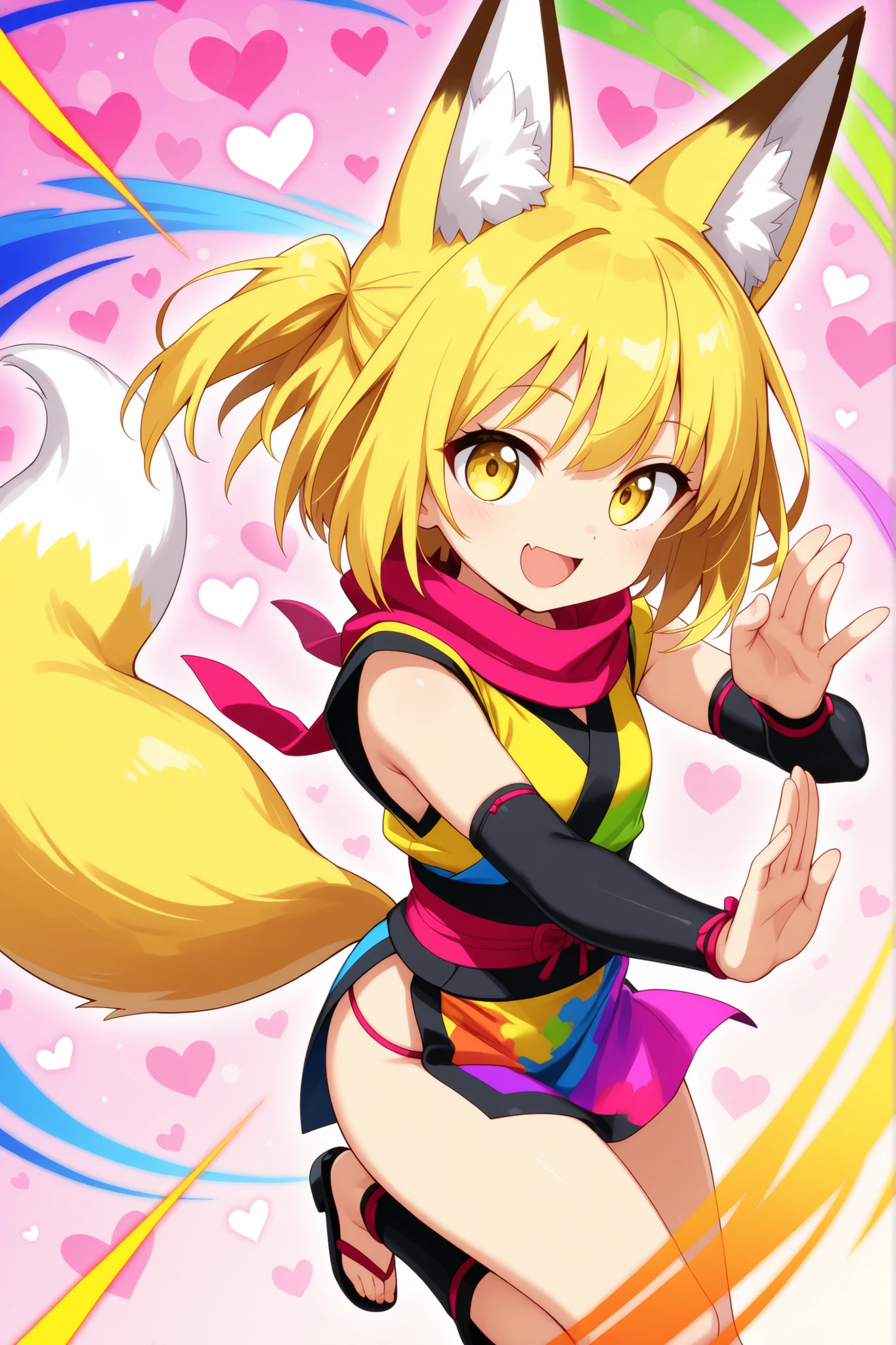 (masterpiece, best quality), (colorful),one girl, fox ears,fox tail,long yellow hair,yellow eyes, best smile,and open the mouth, Kunoichi, Kunoichiの衣装,heart background , super precise illustration, High Detail , dynamic angle, beautiful detailed, 8k, (high resolution), Anime Style,cute, clean and clean ,lens flare on the back,(viewers),dynamic angle,dynamic pose,