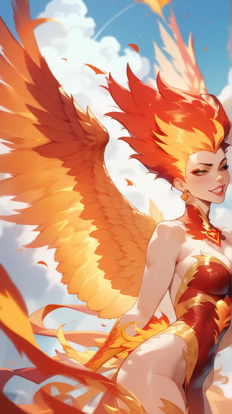 blue yellow phoenix flapping wings, elemental phoenix of water and fire