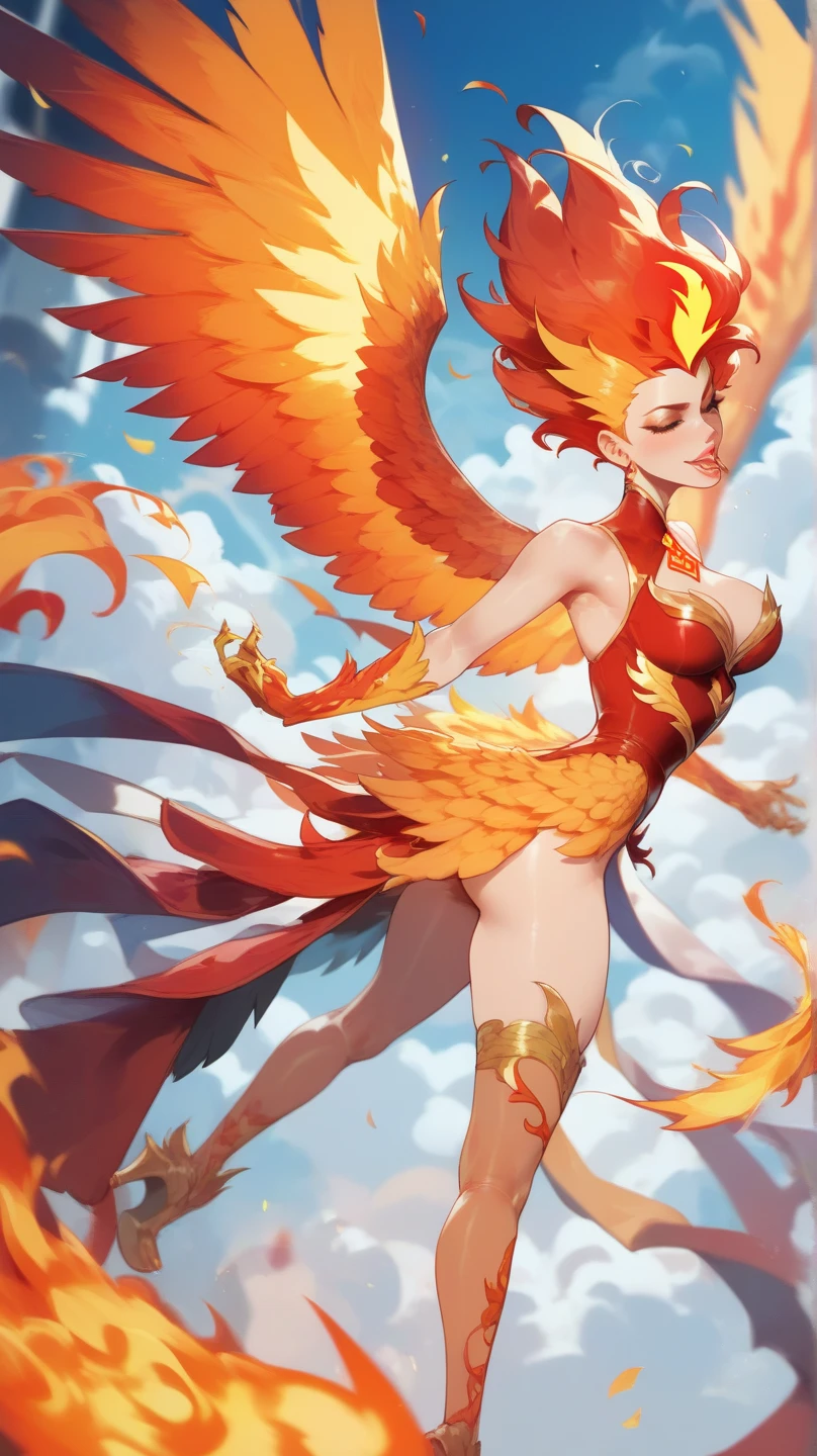 blue yellow phoenix flapping wings, elemental phoenix of water and fire