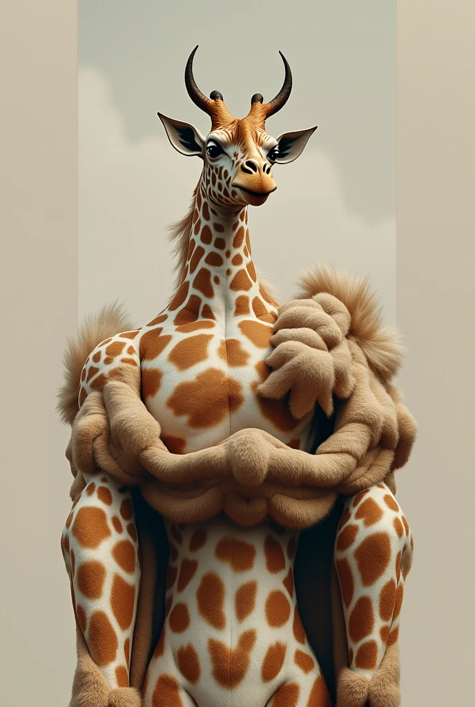 Solo, Furry, Anthro, Giraffe, Male, E621, Standing, Muscular, Hands behind back, Wearing underwear, Giant Penis marking in underwear, Plain background, Front view, By bebebebebe
