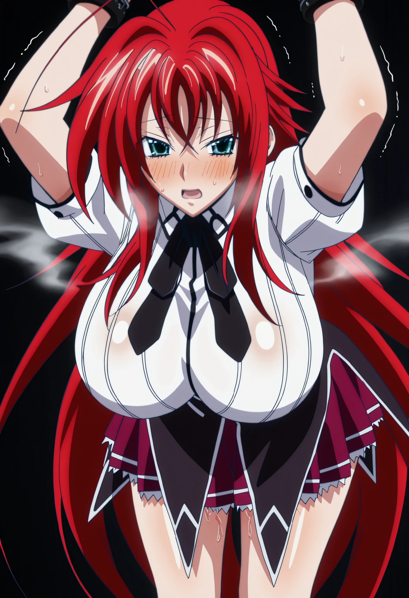 great quality,very beautiful,absurd dress,best quality,newest,masterpiece,4k,resolution,animeスクリーンキャプチャ,1 girl,solo,red hair, long hair, キュートなanimeの目, have super huge breasts that seem to break,very much sweat ,blush,  staring face,I'm opening my mouth and exhaling(steam),(High School DxD),school uniform,school uniformが汗で透けてブラジャーが僅かに薄く見える,,steamが多い,I had sex until a while ago,hands are restrained 30 cm above head,bending forward,standing,Open 70 cm legs,My lower back is shaking,glares at viewers,indoor,schools,anime:High School DxDスタイル