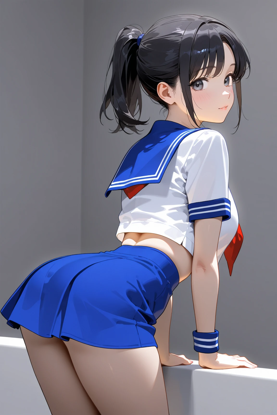 Girl with small breasts, doing splits on the floor, ass view, small ass, college uniform