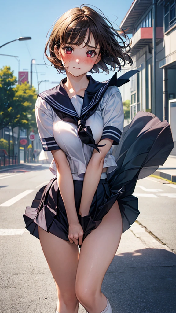 Body eight times longer than head, (Highly detailed CG Unity 8K), (highest quality),(Very detailed),(Ultra-high resolution), Black Hair, High school girl wearing a navy sailor suit, Anime 2D Rendering, Realistic young anime school girl, ((White headband)), Purple eyes, Small breasts, expensive, Slanted Eyes, (School Scene), Black Stockings, Bright colors, Please open your mouth a little, Dark Blue Skirt, Bobcut, Top-down position, Raise your right leg, Jump,