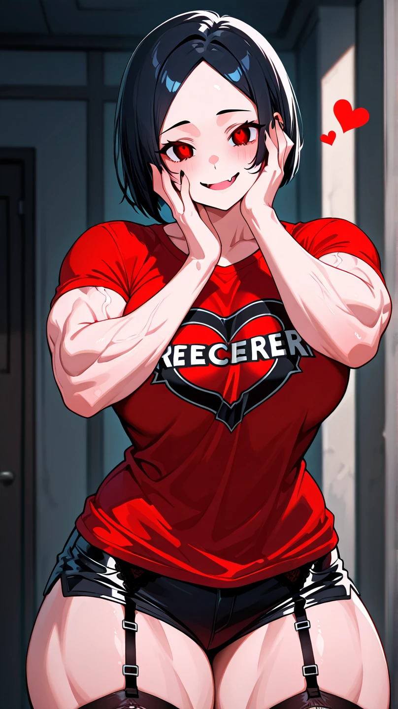 ((1girl)) pale skin large breasts (muscular) toned body thick thighs black hair yellow eyes (long hair) bodybuilder tight red shirt blushing ((heart seductive expression)) best quality hair flaps perfect anatomy