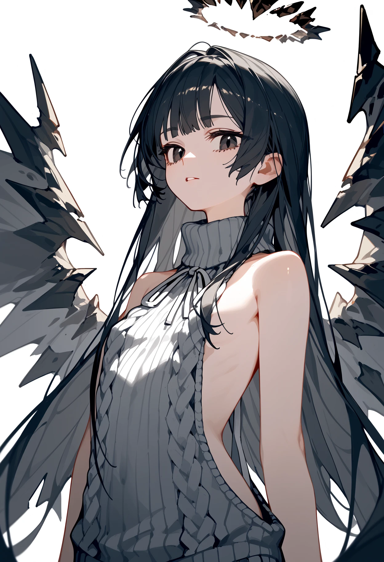 (score_9, score_8_up, score_7_up), 1girl, VirtuosaBase, cute, (chibi:0.7), black hair, blunt bangs, long hair, broken halo, energy wings, black eyes, mole under right eye, small breasts, virgin killer sweater, detached sleeves, gray sweater, single hand victory pose, hand on hip, leaning forward, looking at viewer, upper body, zoom out, white background, huge ass , ass , underboob ,under breasts , thighs , big thighs , thicc thighs , ass  , tanding split , standing spilt legs ,  thighs , side thighs , nude spreading legs , open legs , thighs , hips side, bottomless , no panties , no pants  , medium breasts , deep breasts grab , breast grab , grabbing breast