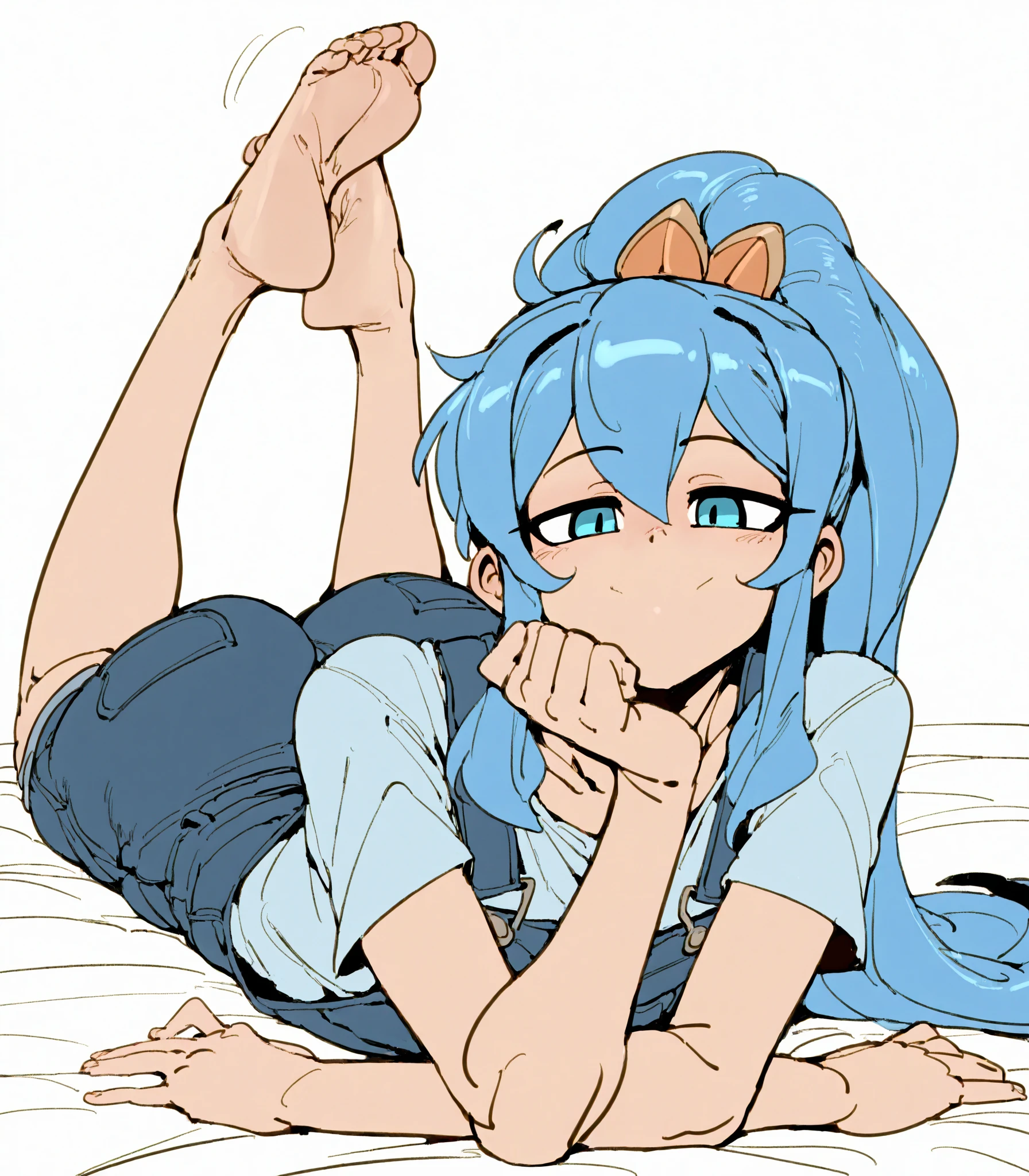score_9,score_8_up,score_7_up, source_furry, Michiru kagemori from bna, tall slender body, thick thighs, hourglass figure, happy smile, white tank top, blue shirt shorts, barefoot, 5 toes, black toe claws, lying on a bed, relaxed pose, simple background