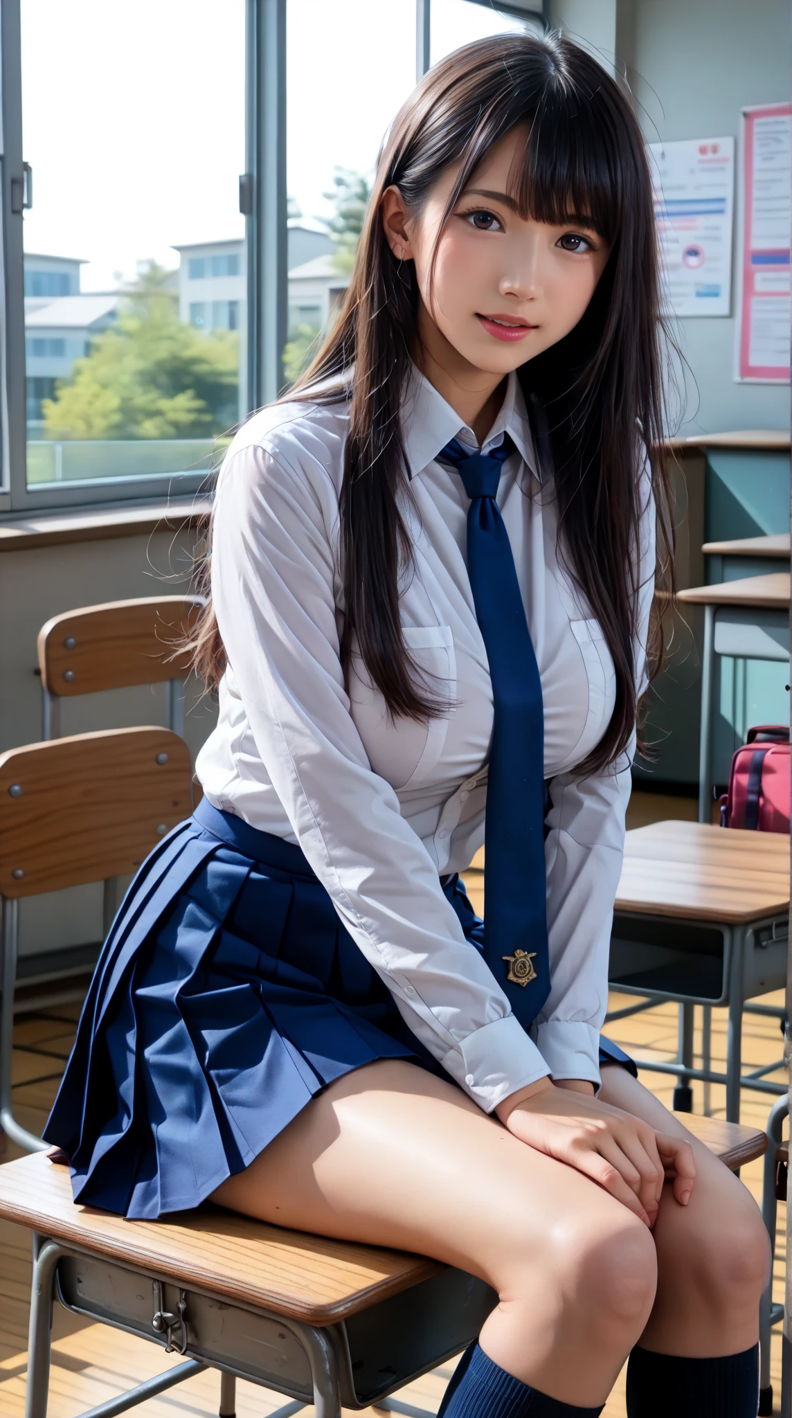 Four 12-year-old high school girls, straight black hair, A white blouse, blue plaid skirt,erect nipples,big breasts, thin waist, shapely long legs, White socks, school shoes, School, desk, board, ultra detailed desks, 8k quality