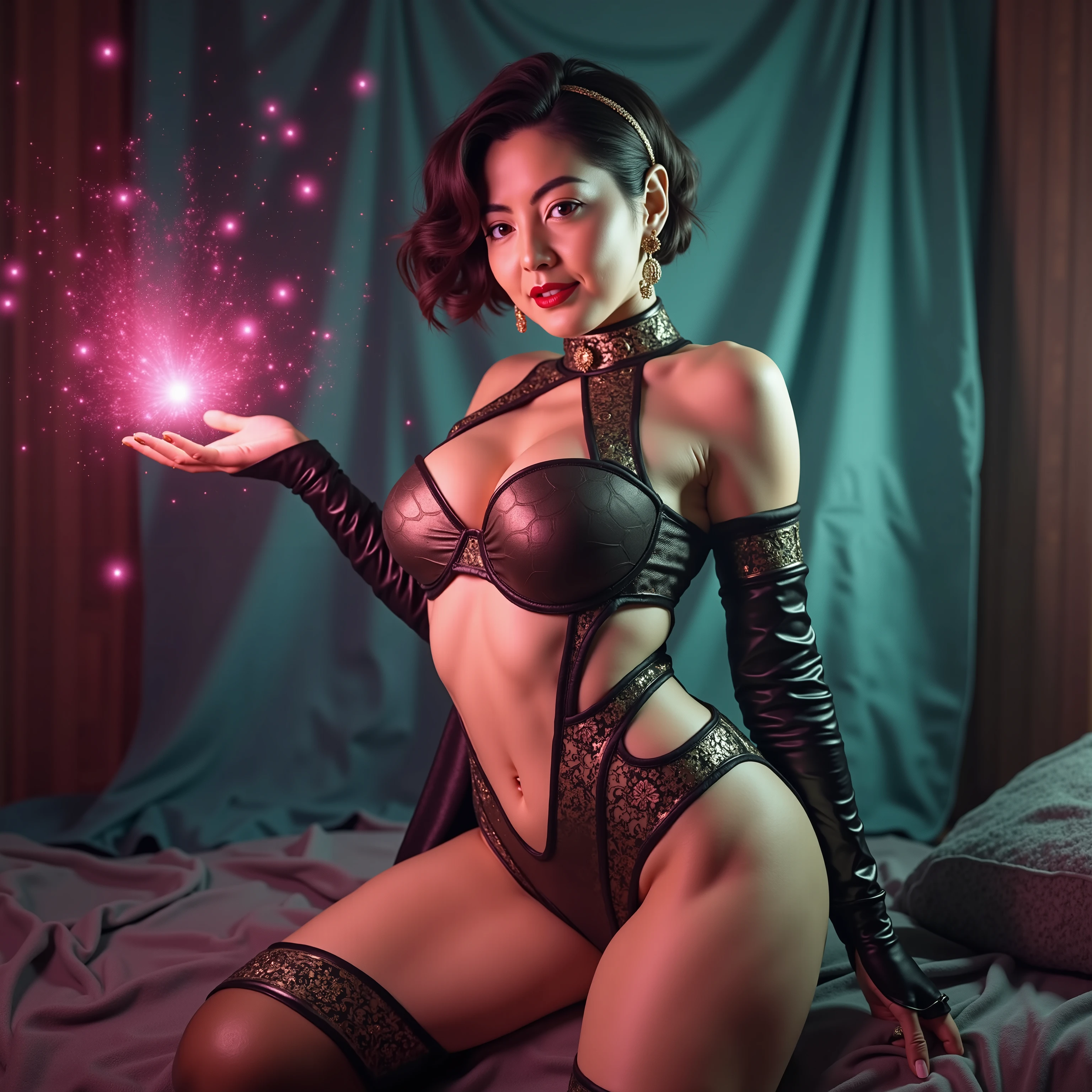 Jane Douglas, Asian, flawless beauty, fit, pinup model, red lipstick, cleavage, thighs, calves, short hair, magical fantasy setting, outfit with splits and cutouts and magical properties 