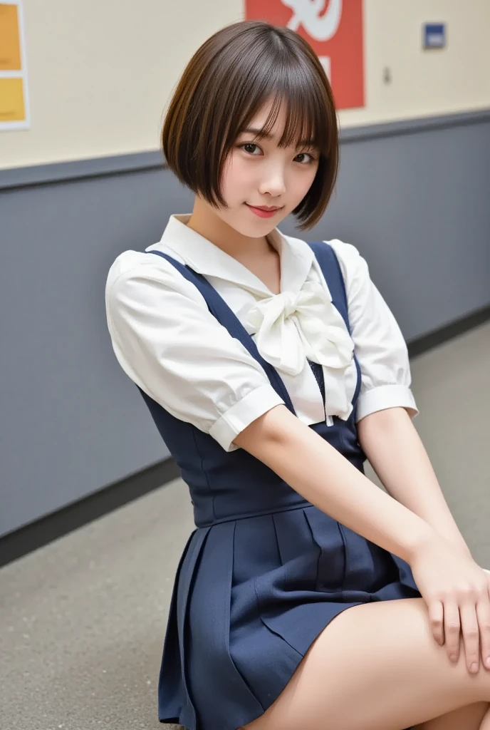 skirt flip、border 、live-action、navy blue sailor suit、smile、viewers、 (Student uniform , White Collar Shirt, bow tie, Navy Blue Pleated , black knee high, absolute domain, pumps:1.2)、 taken with a camera