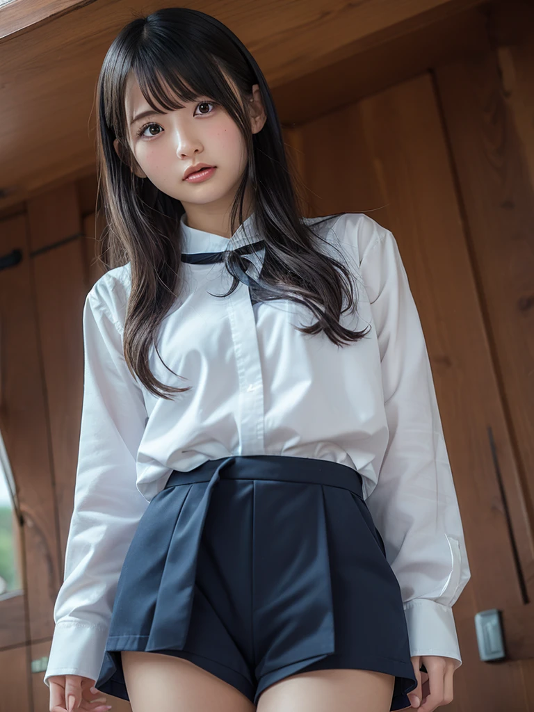 (Highest quality:1.3)、(Masterpiece:1.4)、Raw photo、8K、(Highest Resolution)、(Highest quality)、high resolution、(from the front)、Beautiful face in every detail、Realistic human skin、long hair、Straight Hair、(beautiful girl:1.4)、(the most beautiful girl in school:1.3)、Realistic、(One Woman:1.4)、Photorealistic、With bangs、((Beautiful Hair))、(Small face)、cute、(High school girls)、JK Uniform、(Schoolgirl Uniform)、White shirt、Navy blue bow tie、JK Ribbon、Dark blue pleated skirt、(Blushing:1.3)、((She's in love))、looking at the camera、(bed、Bedroom、window)、(sexual excitement)、(I want to be your girlfriend)、[[[smile]]]