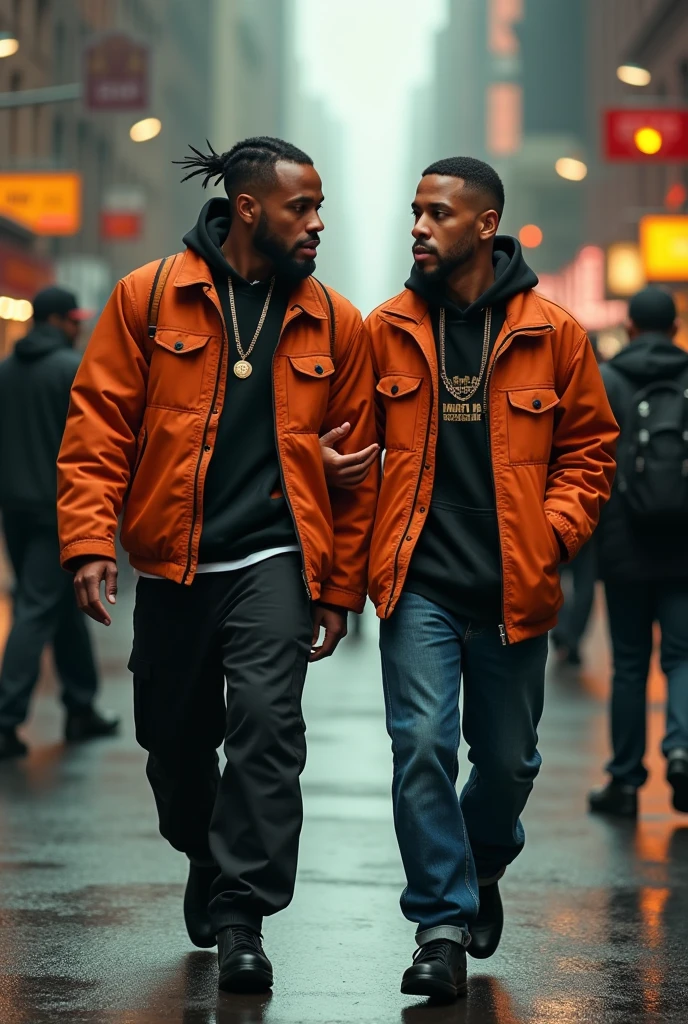sol badguy, street clothing, kendrick lamar, walking together, urban street, realistic lighting, dynamic composition, detailed facial features, expressive poses, cinematic atmosphere, 4k, hdr, photorealistic, intricate details, vibrant colors, dramatic lighting