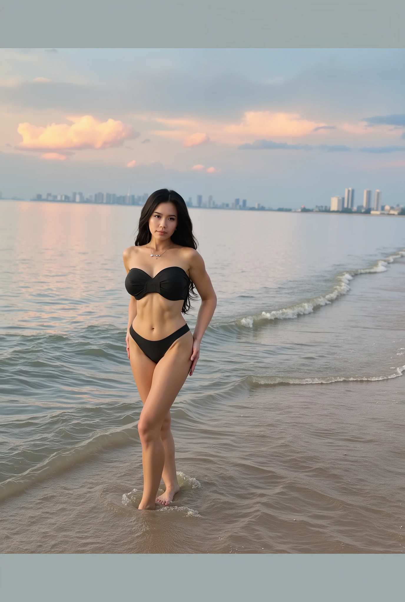 Woman standing on sand with hands on her head, sunset, posing on beach, ocean in sunset, standing on beach, on beach, standing near beach, ocean in background, seaside, on beach, beach photos, on tropical beach, posing on beach, fair long legs, asian complexion
