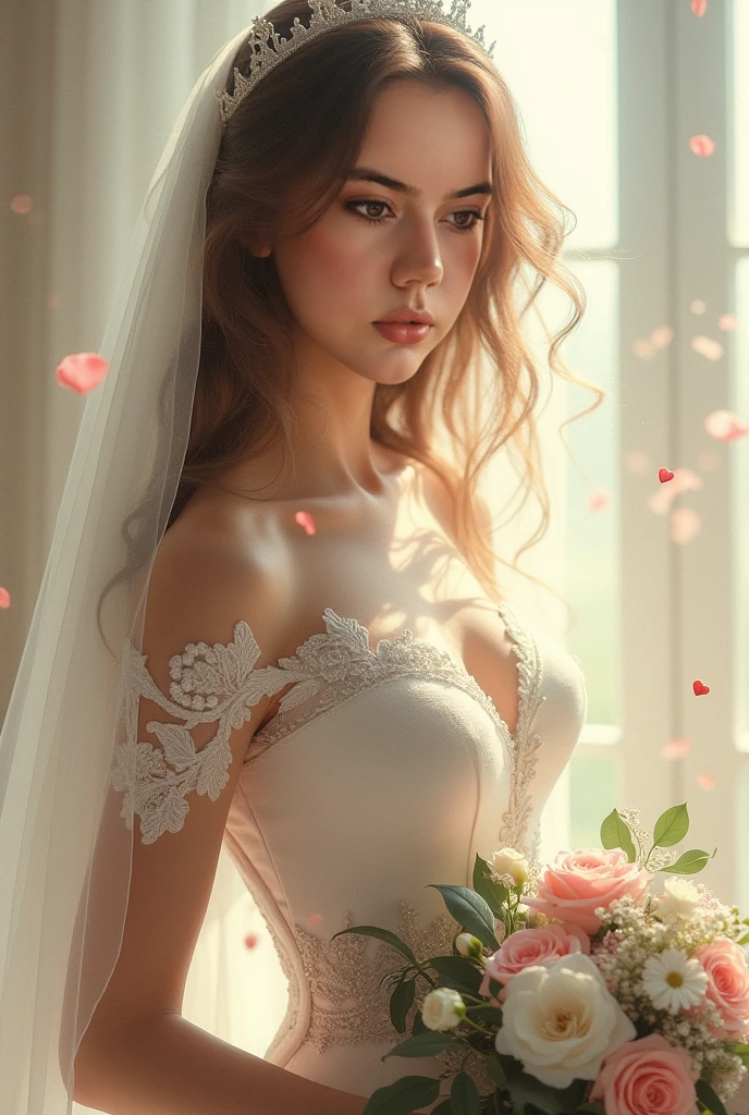 (hyperdetailed) [an African woman] as [bride], sexy, viewer poses, cinematic shot, full body, centered, 100mm lens, perfect angle, award-winning, dynamic, intricate pose, hot girl, [wavy blonde] hair , sultry [bride] hyperdetailed ] dress, seductive, hyperdetailed face, beautiful detailed eyes, [detailed and accurate body proportions], detailed face, expressive, cinematic lighting, volumetric lighting, studio lighting, global illumination, depth of field, blur, light reflection, shadow, contrast, (ultra detailed, finest detail, intricate), ((Masterpiece)), perfect ((face bent over viewer)), (blend fantastic color palette, [storytelling] atmosphere, [dormitory] bouquet of red roses, play of light and shadow.