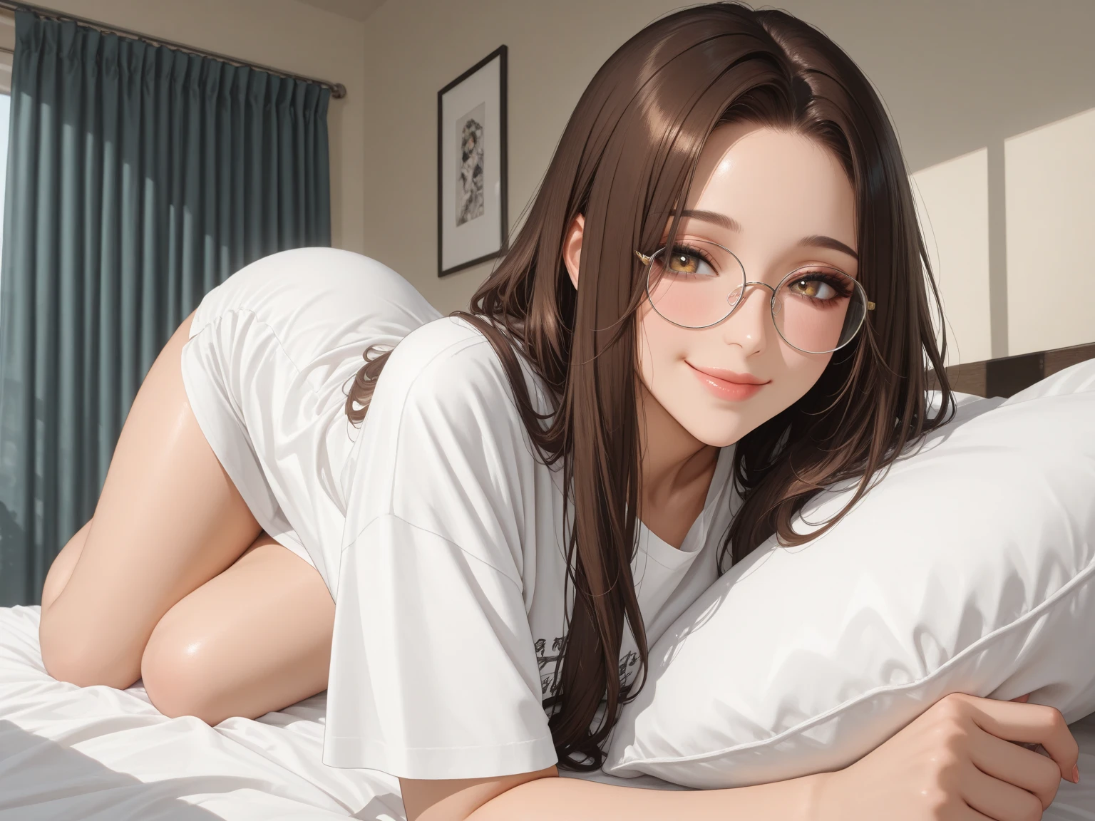 (Masterpiece1.2), (best render:1.2), high detail, 1girl, abella danger, brown hair, glasses, perfect face, perfect eyes, 8k, sexy, ,masterpiece, look at camera, metart, natural unshaven pubes,, lusty, naked, hairy pussy, kawai, smile, hentai, pink bedroom, rainbow, unicorn,pillows, pink, ,plushes, laying,
