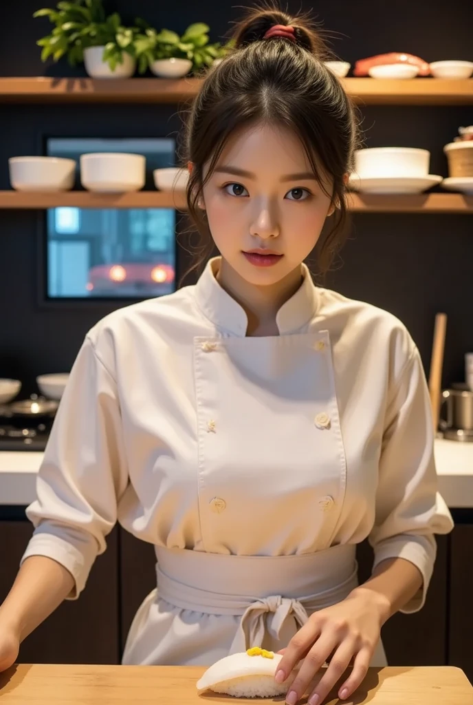 A beautiful young woman wearing a traditional sushi chef uniform, carefully forming sushi behind the counter. She is focused, her eyes fixed on her fingers as she gently presses the rice and topping together. The scene includes a wooden cutting board, sushi ingredients, and soft lighting that highlights her hands and face. The mood is quiet, refined, and sacred. Realistic style, photobook aesthetic.