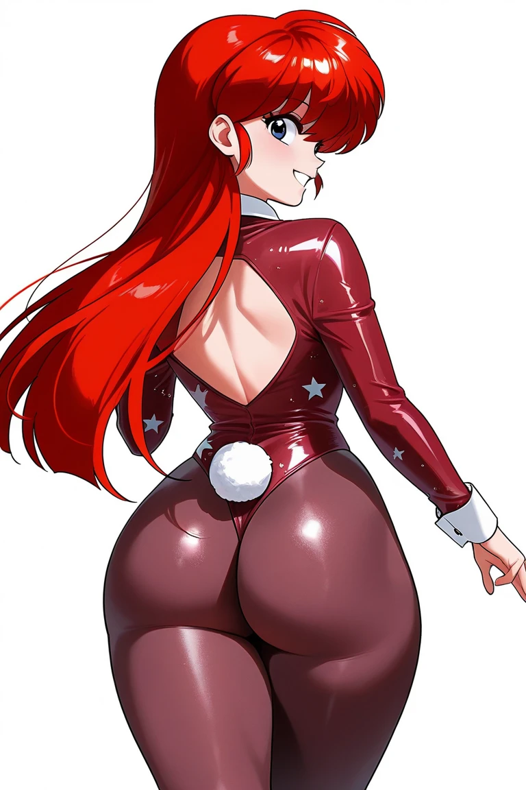 Standing at attention, rias gremory, ((black pantyhose)), (extremely glossy latex), (dazed in a trance:1.5), stoic, (red leotard), wrist cuffs, playboy_bunny, choker, (((bimbo))),(high_heels:1.6),
Red_hair ,Very_long_hair,blue_EYES,Bangs, ((huge round ass)),
20yo,Young female,Beautiful Finger,Beautiful long legs,Beautiful body,Beautiful Nose,Beautiful character design, perfect eyes, perfect face,expressive eyes,
looking at viewer, in the center of the image,(full_body),(Focus on her face), facing the viewer, from behind, looking over her shoulder,
official art,extremely detailed CG unity 8k wallpaper, perfect lighting,Colorful, Bright_Front_face_Lighting,shiny skin,
(masterpiece:1.0),(best_quality:1.0), ultra high res,4K,ultra-detailed,
photography, 8K, HDR, highres, absurdres:1.2, Kodak portra 400, film grain, blurry background, bokeh:1.2, lens flare, (vibrant_color:1.2)
(Beautiful,gigantic_Breasts:1.8) ,(beautiful_face:1.5),(narrow_waist), (thick_thighs:1.7), (wide_hips:1.6), ((huge_lips:1.5)) ,((silicone_lips:1.5)) ,((lips_filler:1.5)), (muscular_female:1.5), (red_lipstick:1.5),(smile:1.5)