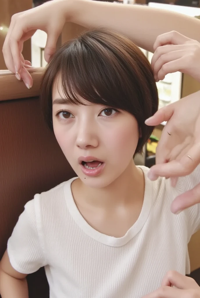 Beautiful Japan actress、1 girl,debris flies,,Award-winning photo, very detailed,face focus, double big eyes(woman with open mouth and closed eyes ), 21 years old、black hair、shiny skin、(((close up of face)))、realistic nostrils、elongated nasal passages,,,、inside the toilet、(On the floor of a public toilet)、squat、((knit dress))、big breasts、(sharp nose)grimacing 表現:1.4,,facial expression,grimacing,Head up、Skin shiny with sweat,oily facial skin,bite your mouth,tied hair,wearing a tank top,Bring your nose closer to the camera,((he'Trying to show white sperm in wide open mouth.))bob cut