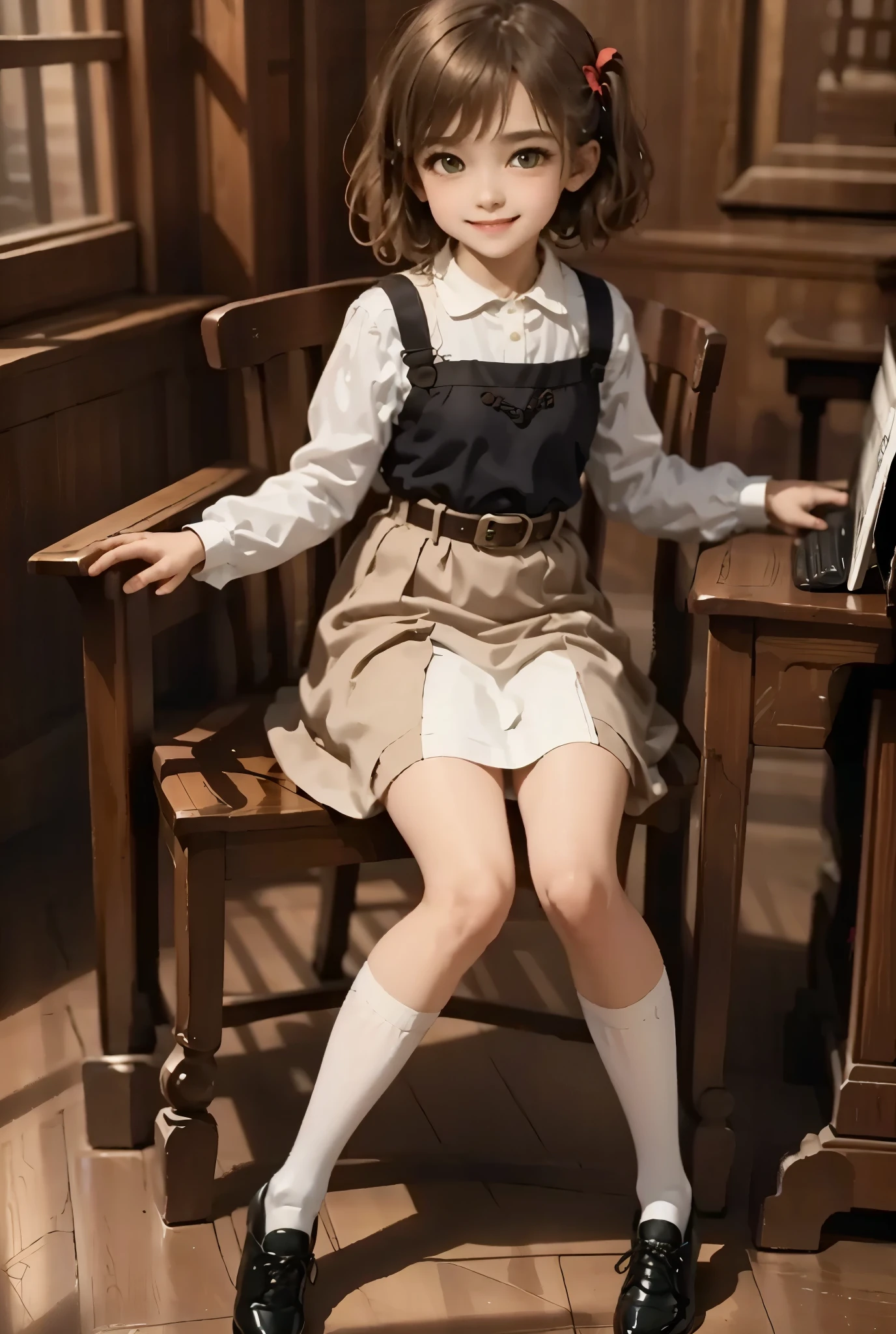 (masterpiece),best quality,amazing quality,very aesthetic,absurdres,newest,perfect body,shiny skin,perfect eyes,detail1eye,well-defined fingers,well-defined fingernails,anime style,indoors,1girl,solo,upper body,(portrait:1.5),looking at viewer,facing viewer,smile,blush,chibi,aged down,child,Shigure Ui chibi,short hair,light brown hair,twintails,pom pom hair ornament,hair intakes,green eyes,school uniform,bangs,red bow,collared shirt,white shirt,long sleeves,randoseru,red backpack,belt,black dress,sleeveless dress,pleated dress,pinafore dress,flat chest,kneehighs,white socks,black footwear,uwabaki