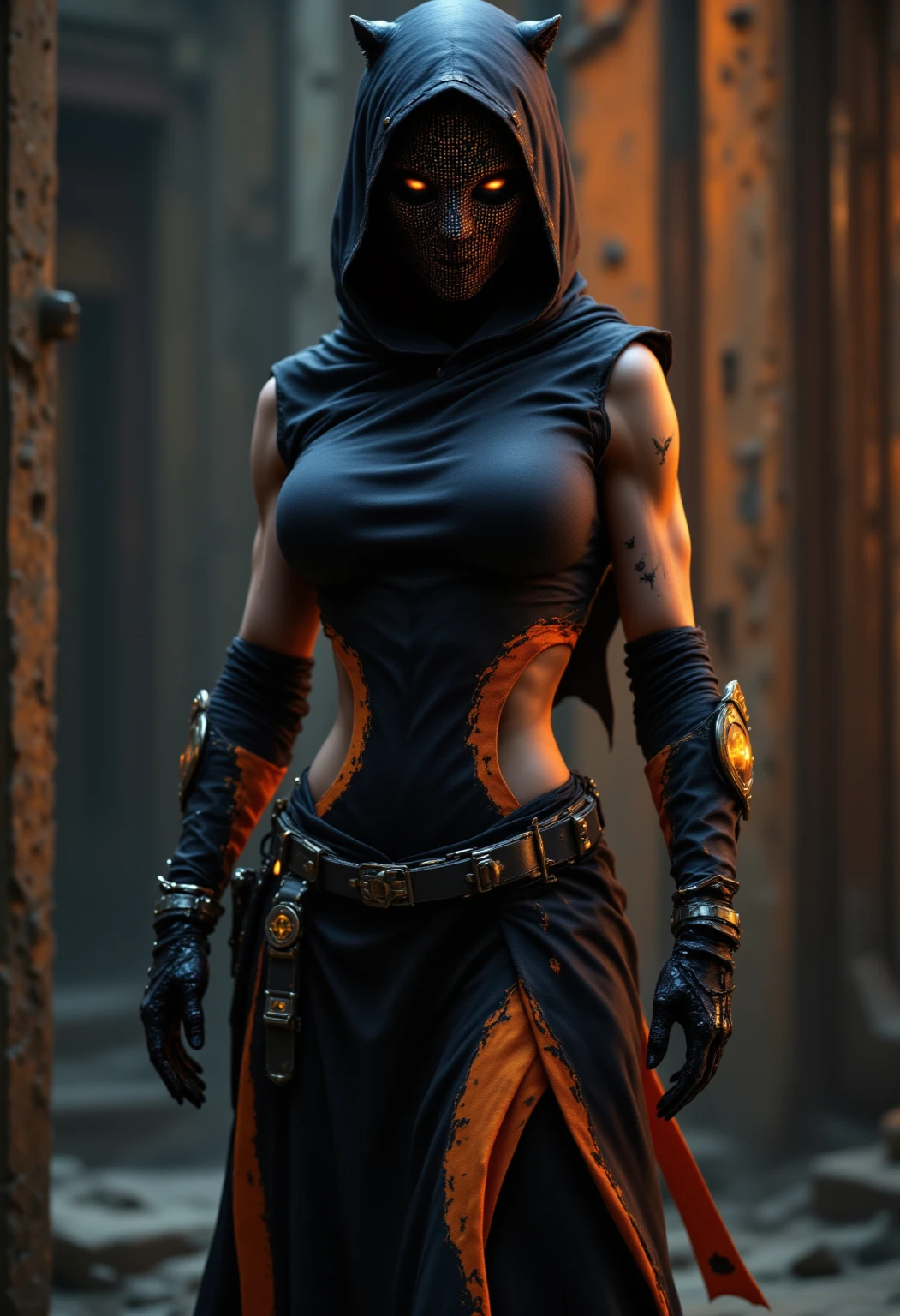 ((Best quality)), ((masterpiece)), (detailed:1.4), 3D, an image of a beautiful cyberpunk ninja female,masked,MOSUNINJA,HDR (High Dynamic Range),Ray Tracing,NVIDIA RTX,Super-Resolution,Unreal 5,Subsurface scattering,PBR Texturing,Post-processing,Anisotropic Filtering,Depth-of-field,Maximum clarity and sharpness,Multi-layered textures,Albedo and Specular maps,Surface shading,Accurate simulation of light-material interaction,Perfect proportions,Octane Render,Two-tone lighting,Wide aperture,Low ISO,White balance,Rule of thirds,8K RAW,