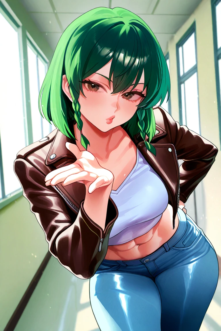 Masterpiece, best quality, 1girl, solo, 23 years old, adult, teal and green hair, messy hair, asymmetrical hair, very short hair, aqua eyes, medium breasts,  toned, 167cm, pale skin, glasses, grin, olive green shirt, jeans, midriff peek, jenya.d